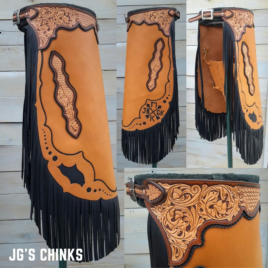 JG's chinks were custom in every way included oak and basket tooling, inlay designs, and scalloped edges.