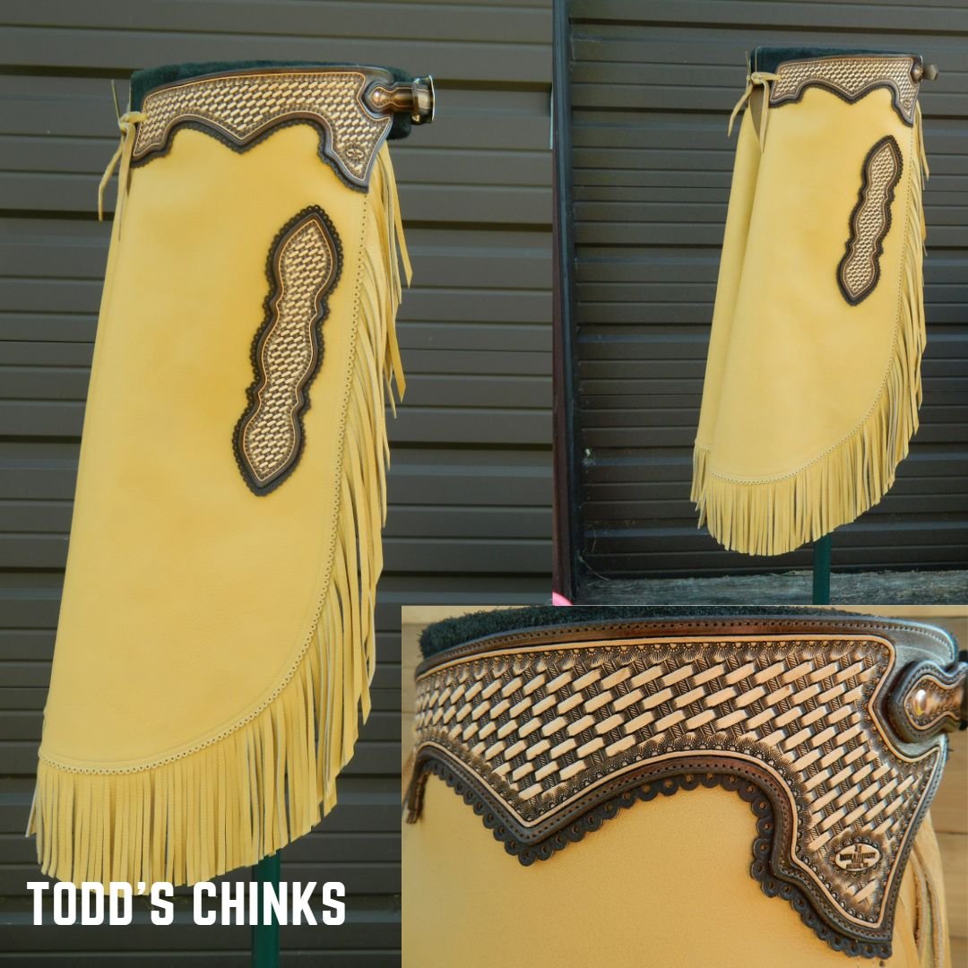 Todd's custom chinks included two-tone basket stamp tooling and scalloped accent color.