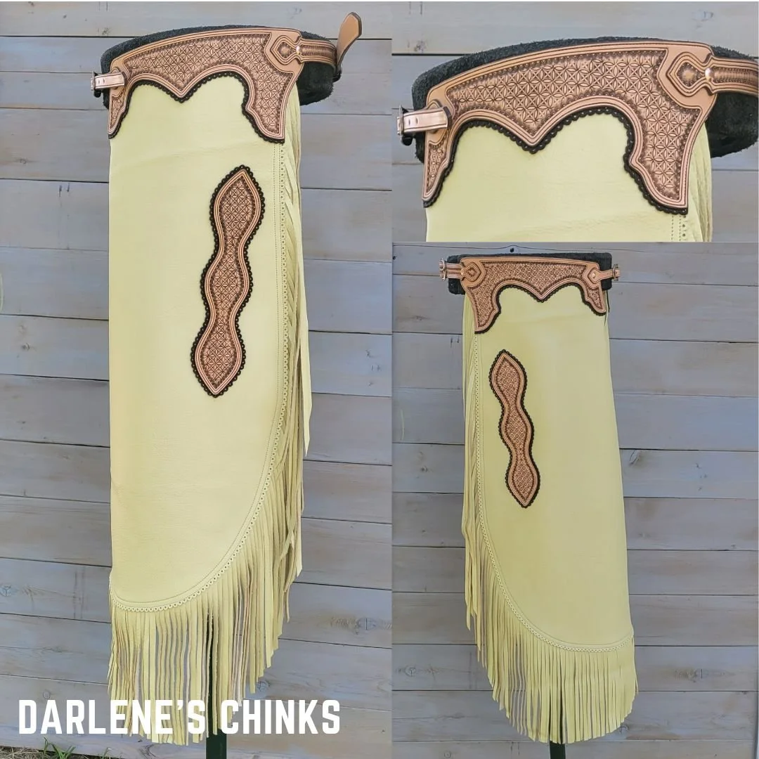 Darlene's custom chinks are made from extra light leather for hot weather and include geometric tooling.