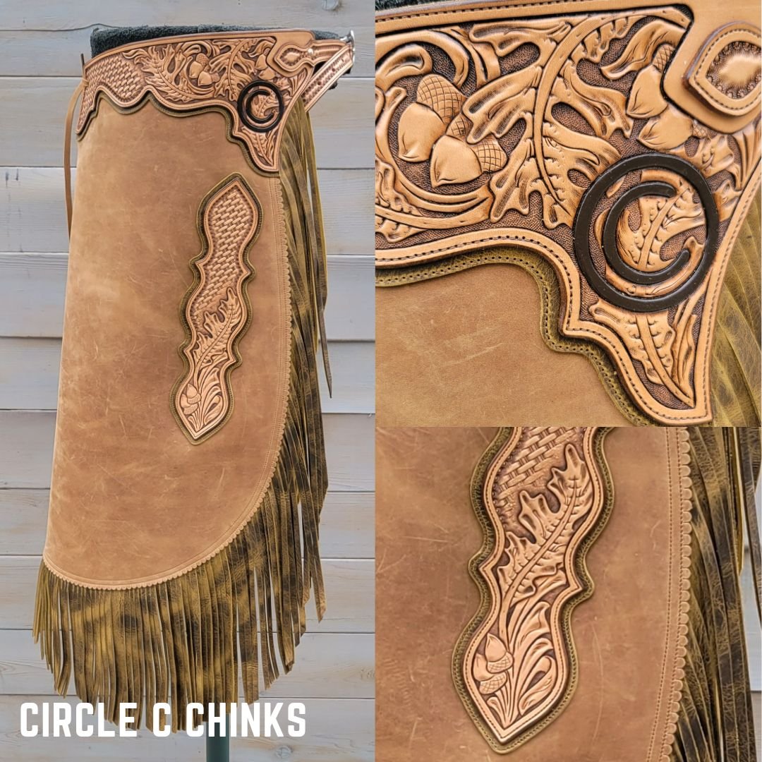 Custom chinks for Circle C included distressed leather, oak and basket stamp tooling, and tooled brand.