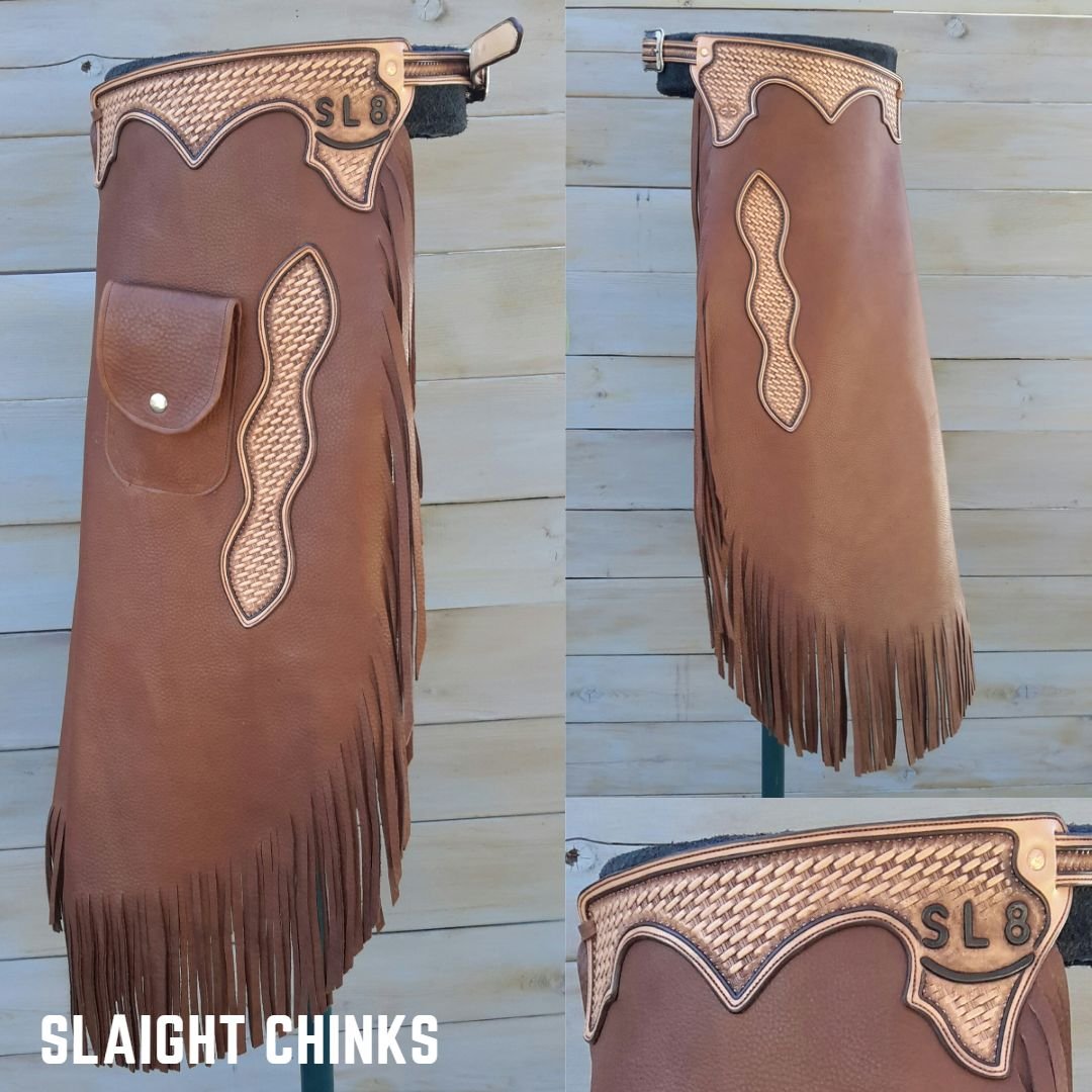 Custom chinks for Slaight included a large flap pocket, tooled brand, and a black pinstripe around the basket stamp tooling.