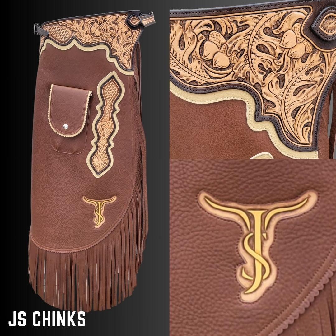 JS custom chinks represent his business with a tooled logo inlayed into the body. These custom chinks also include two-tone combination tooling and a flap pocket.