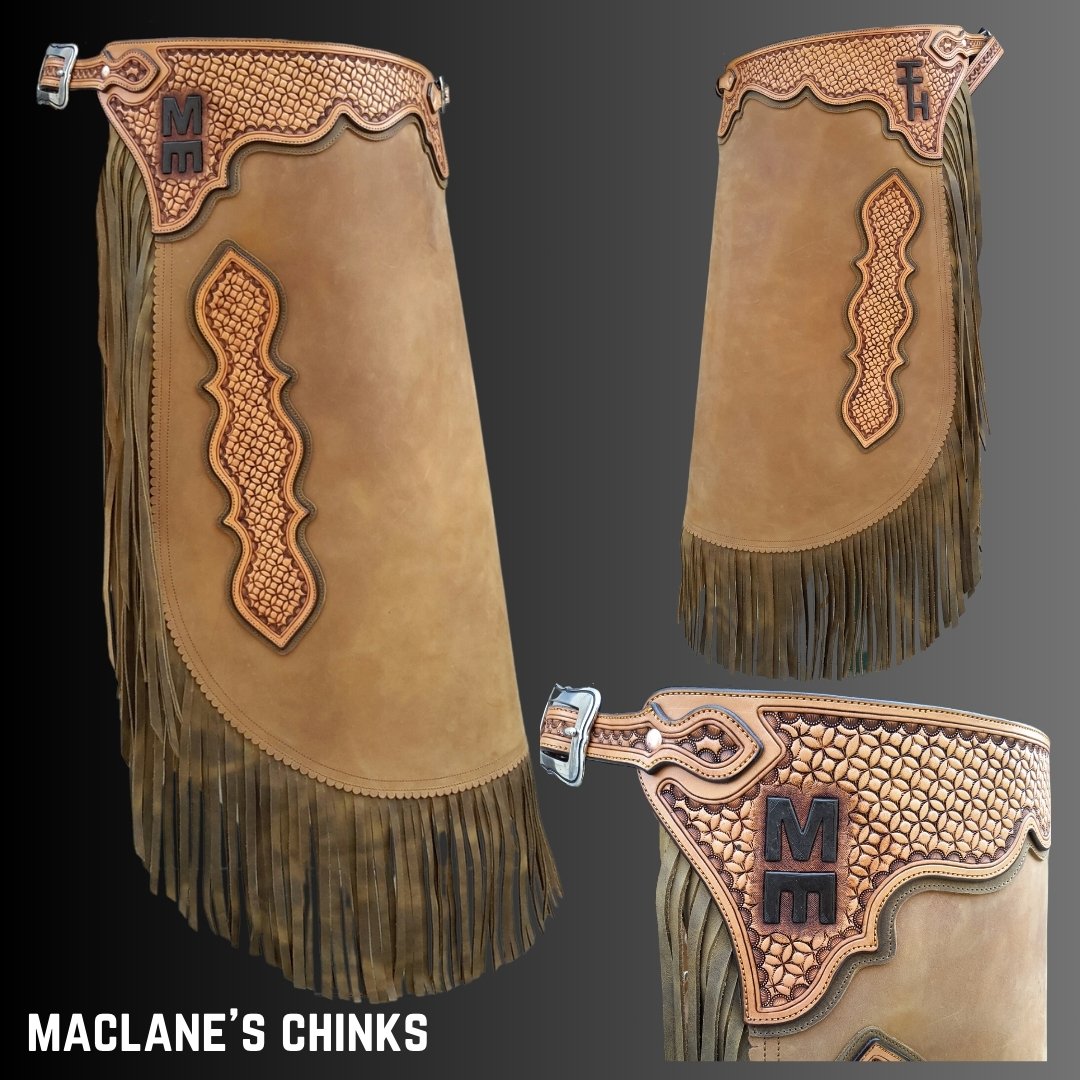 Maclane's custom chinks included double brands, geometric tooling, and distressed leather.