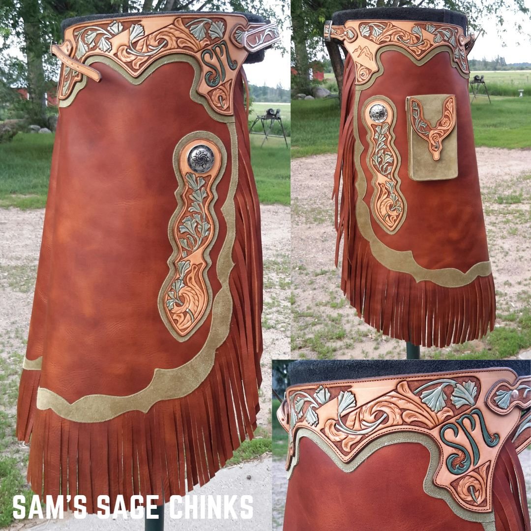 Sam's custom chinks were designed around a Montana sage theme. The custom chinks feature painted tooling, green roughout overlay, and a phone pocket.