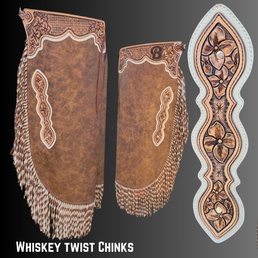 Custom chinks in whiskey and vanilla with twisted fringe.