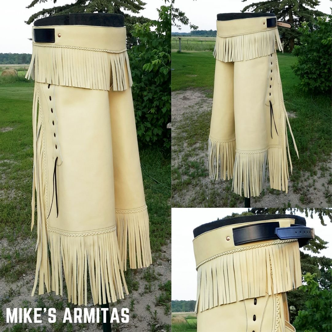 Mike's custom armitas kept to a classic design with black mecate loops and belt as the accent.