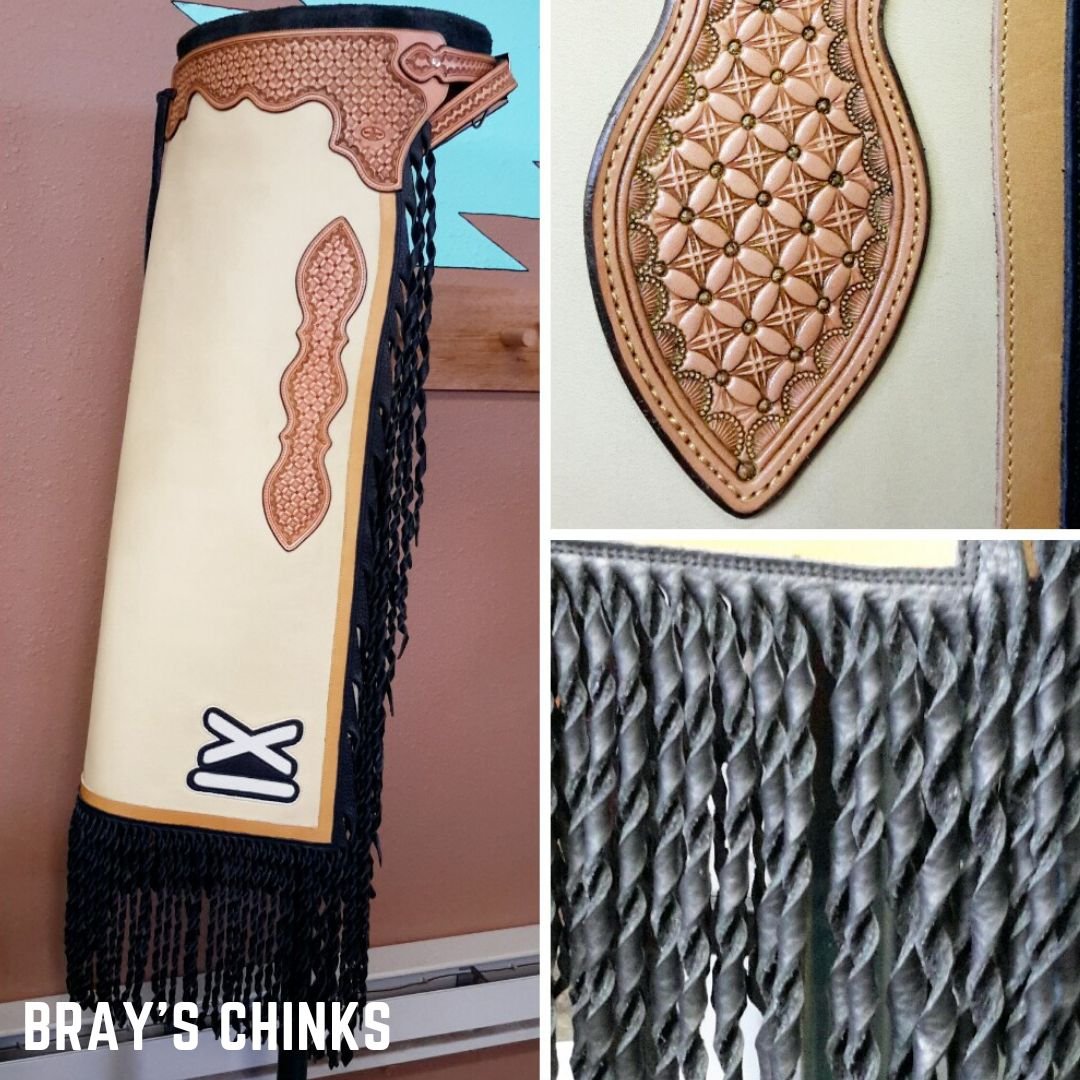 Bray's custom chinks feature an inlayed brand, twisted fringe, and geometric tooling.