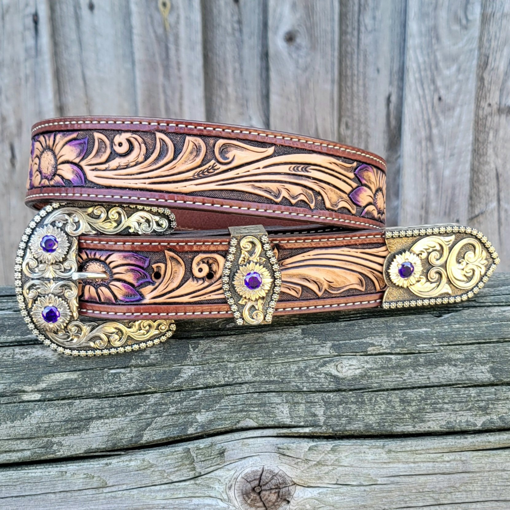 Custom tooled leather belt with customer's buckle set