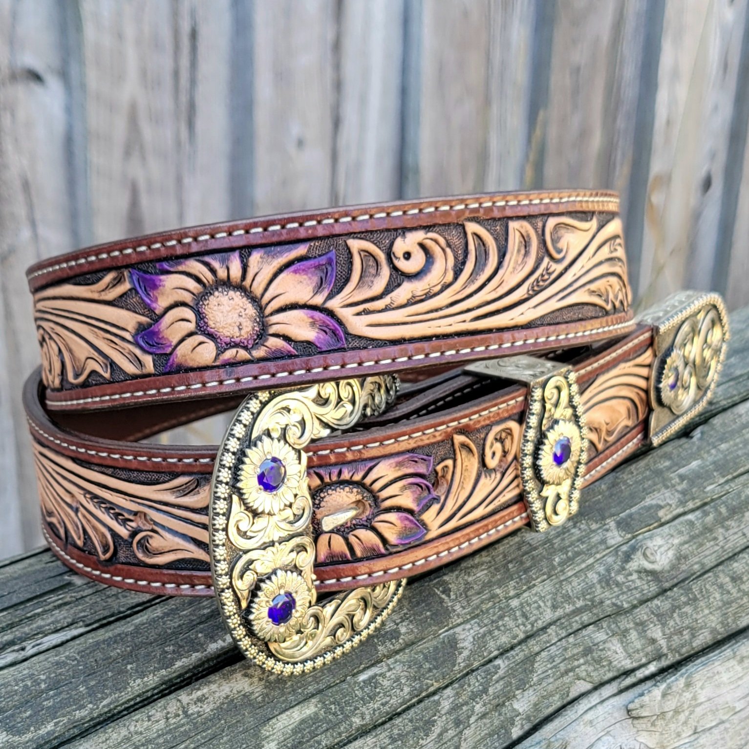 Custom tooled leather belt with amethyst accents