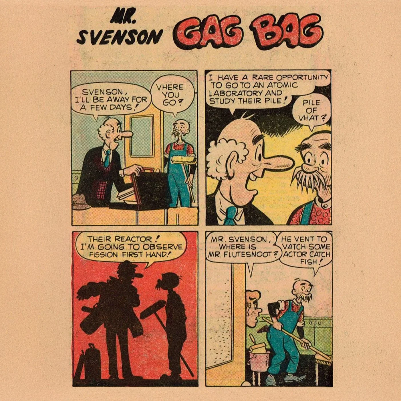 Four panel Archie cartoon called "Mr Svenson Gag Bag" telling  a quick story about a miscommunication between the janitor and a science teacher involving "Fission", which the janitor thinks means "fishing"