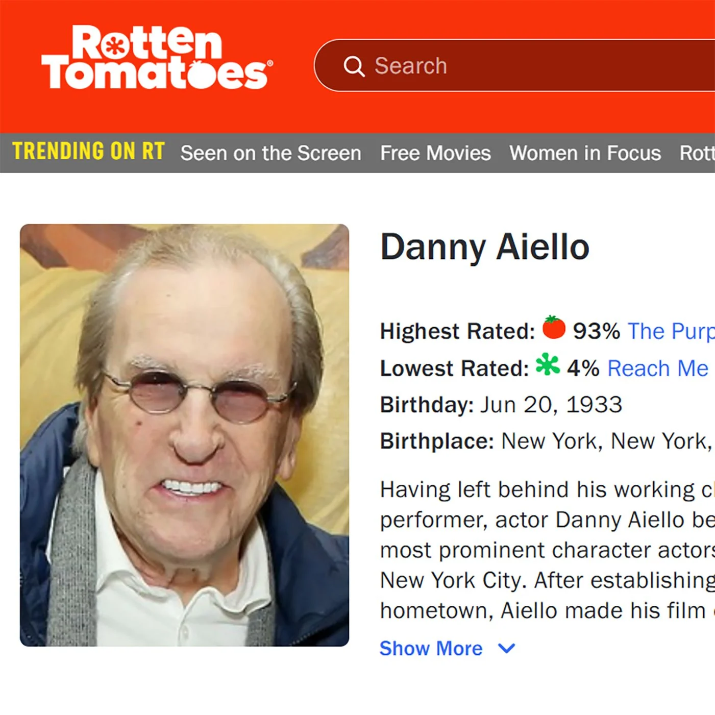 Screen shot of Danny Aiello's Rotten Tomatoes page featuring a VERY unfortunate current photo of the actor