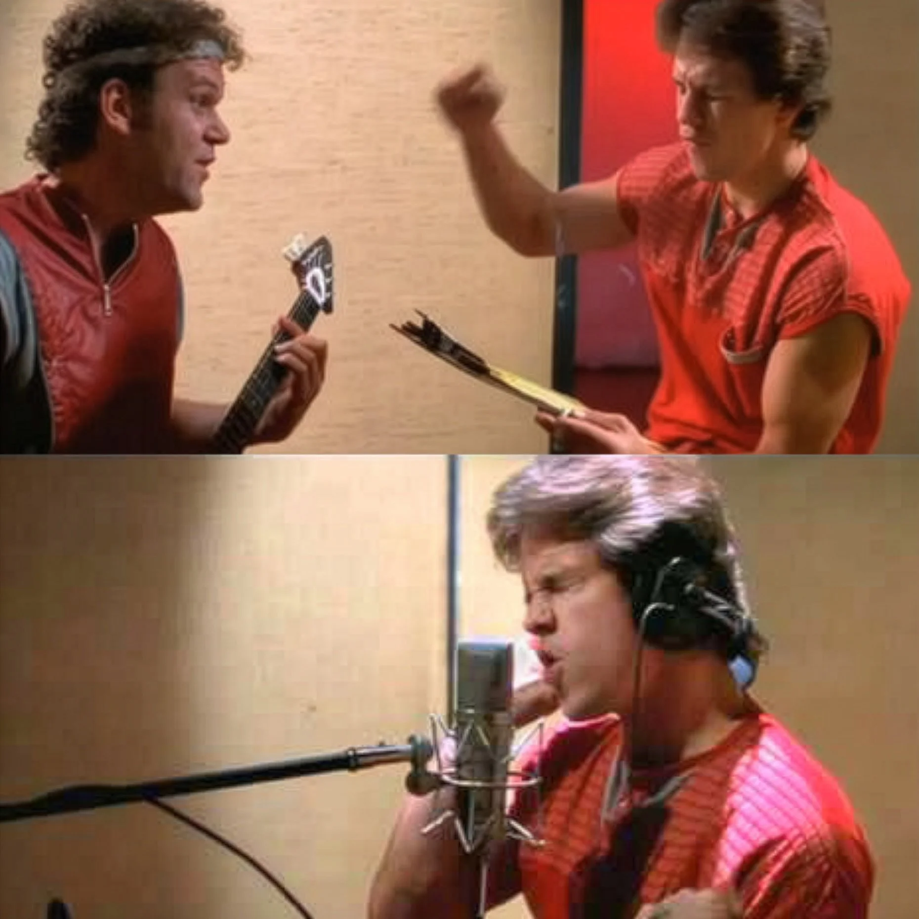 2 still shots from Boogie  Nights showing Mark Wahlberg and John C Reilly's characters  singing and playing guitar in the studio