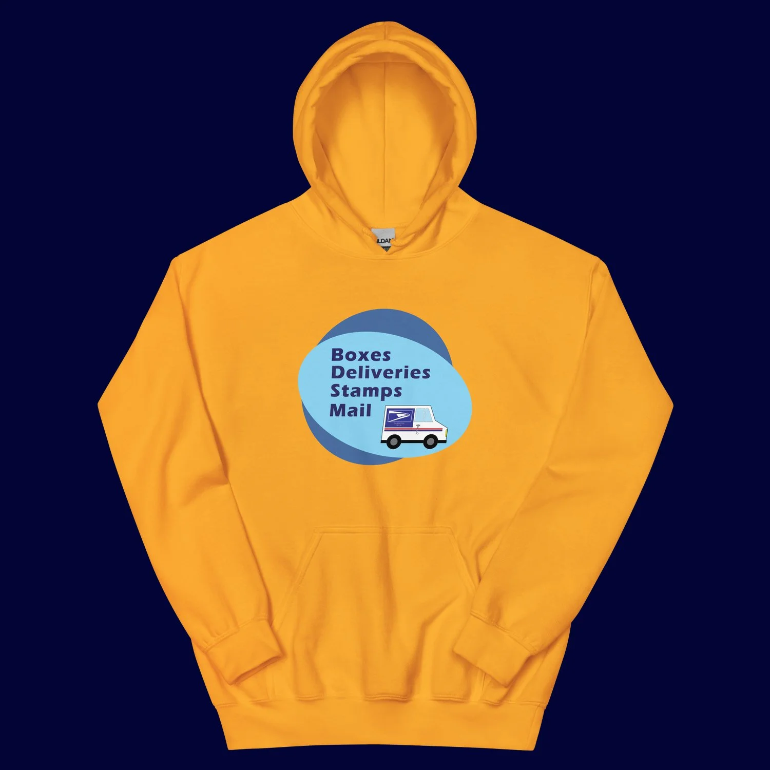 Image of gold/yellow colored hoody with blue design on front that says Boxes Deliveries Stamps Mail and has a little USPS mail truck