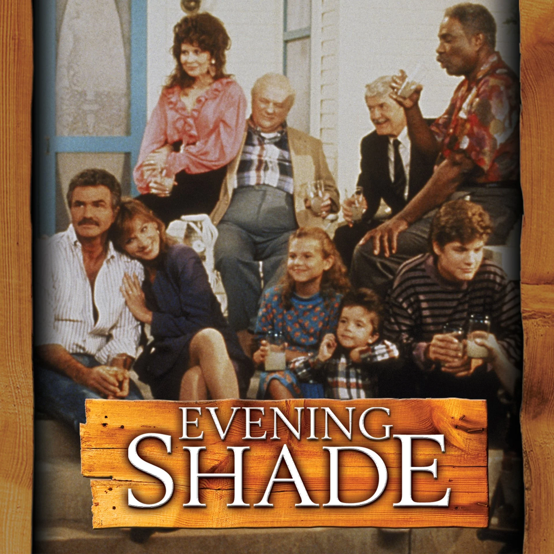 Promotional image for the 1990 series Evening Shade showing the cast memebers sitting on and around a couch