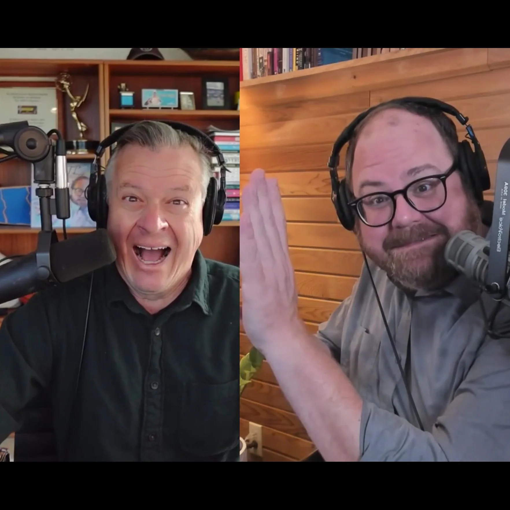 Split screen image of Luke (left) and Andrew (right) in their respective studios during the show. Luke looks like he's screaming in terror, Andrew is pretending to push an imaginary wall towards Luke at the split screen