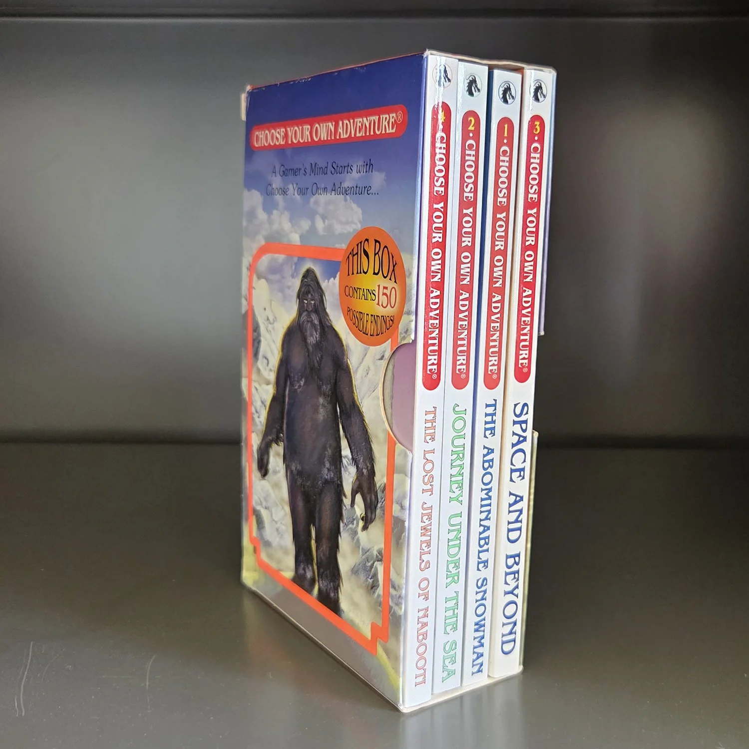 Photo of a set of four paperback "Choose Your Own Adventure" Books sitting on an otherwise empty shelf