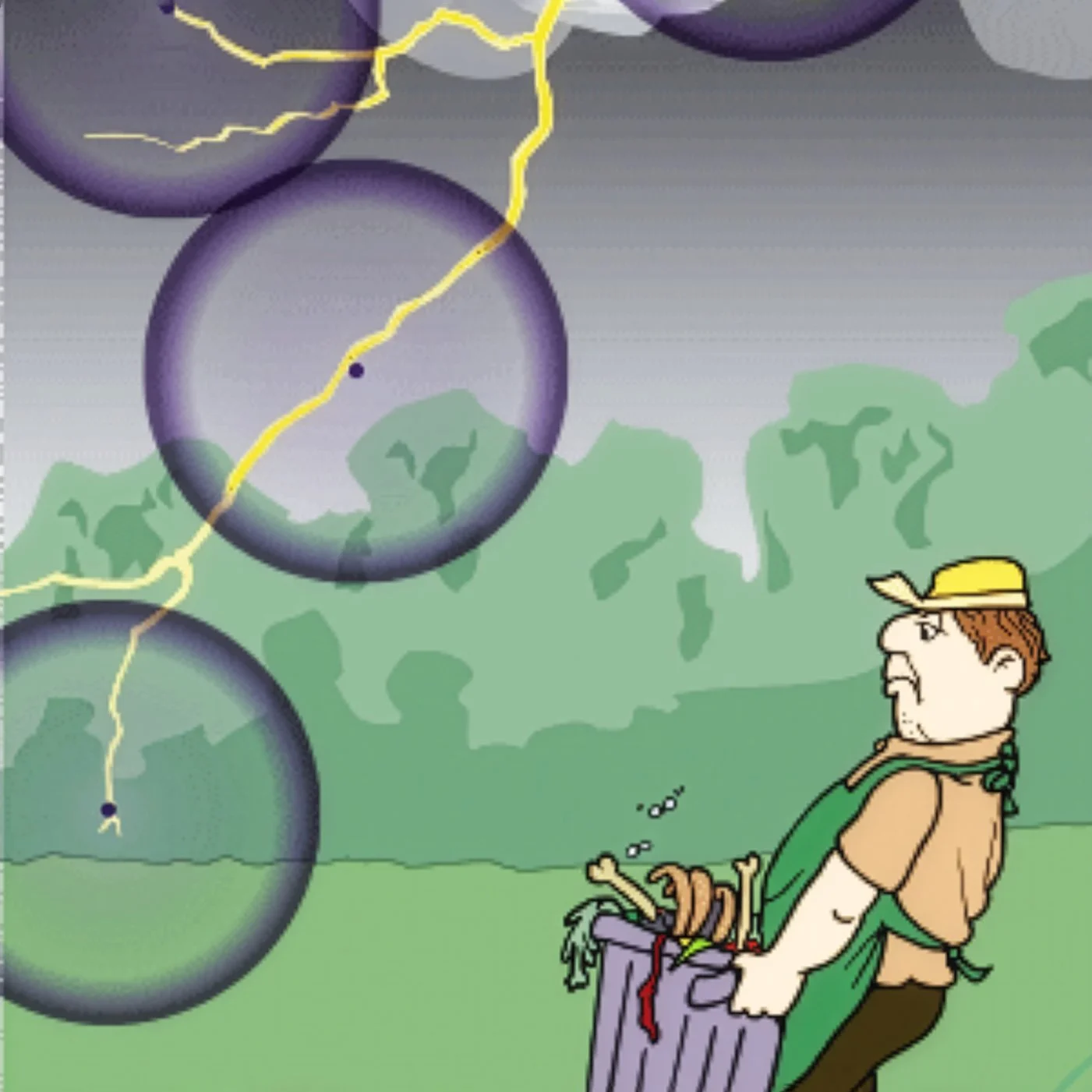Illustration of a cartoon man taking out the garbage while lightening