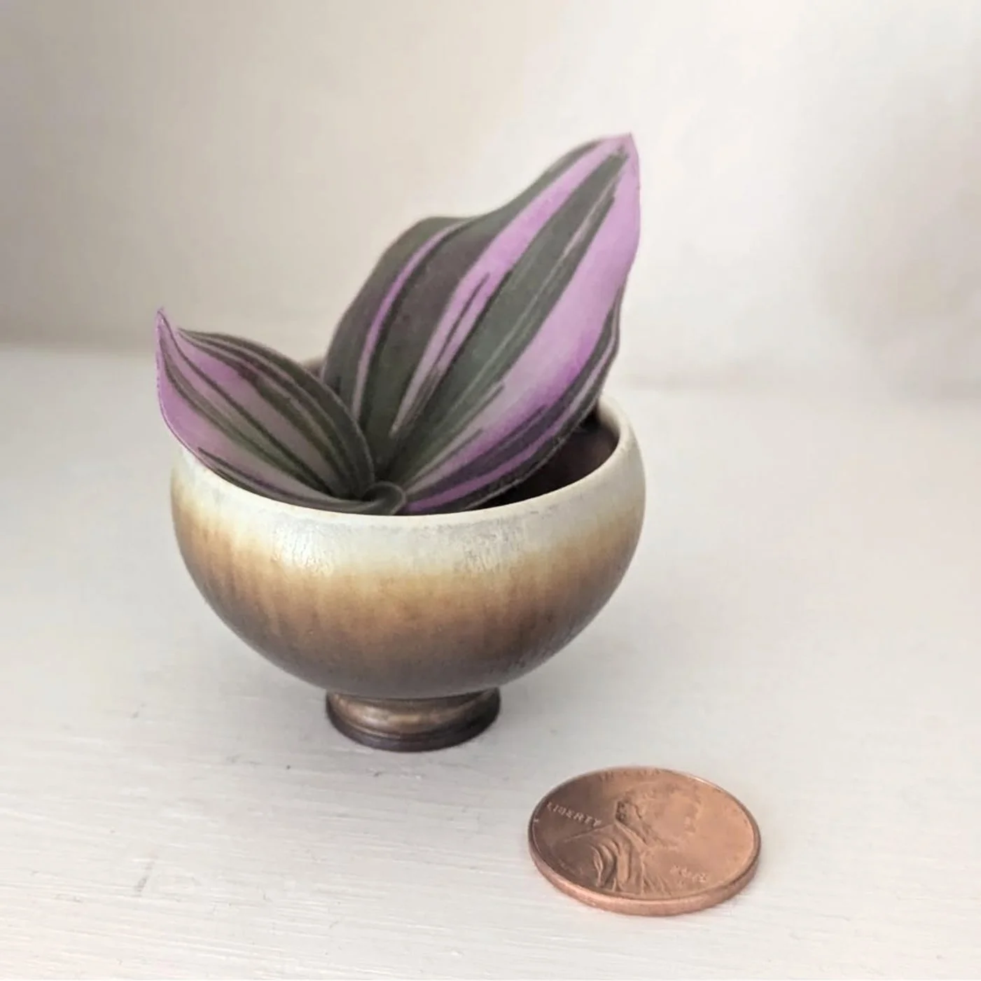 Photo of a tiny piece of pottery with a penny next to it to show how small it is. There are some purple and green leaves from a houseplant in the bowl.