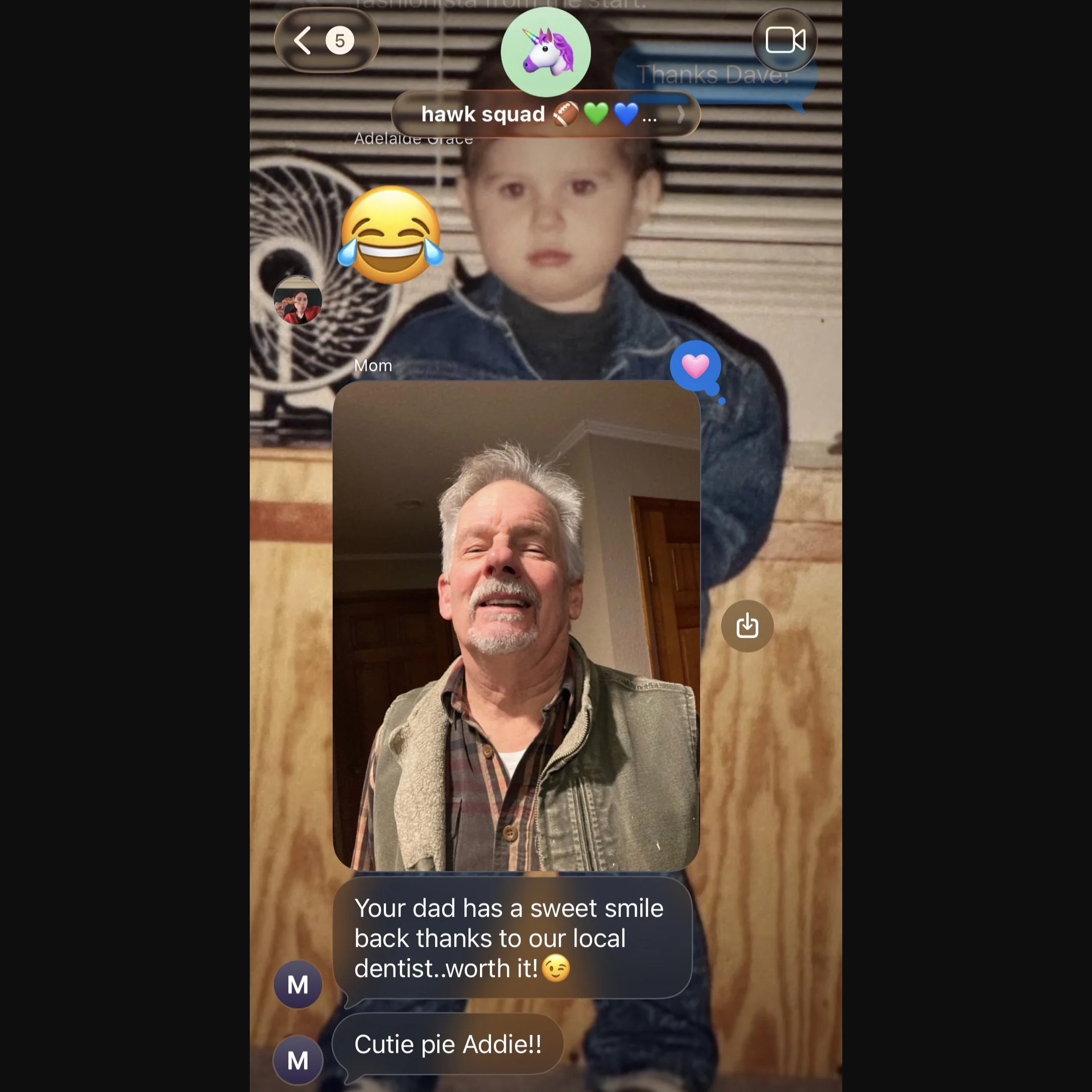 Screencap of the Burbank family text thread showing a pic of a child (Addie) with a photo of Luke's dad over top of it.