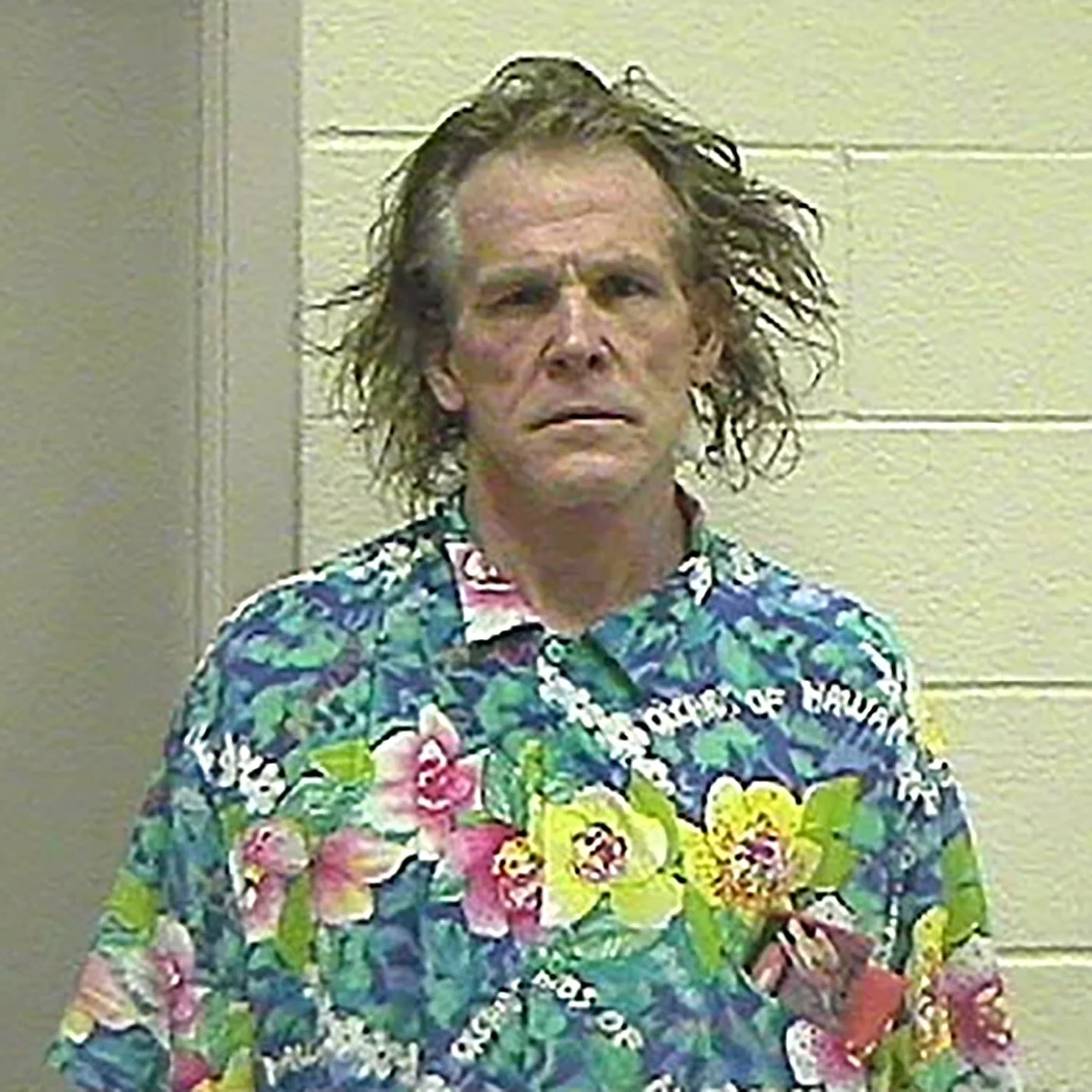 Photo of Nick Nolte at age 60ish looking very very bedraggled with long wild hair and a hawaiian shirt standing in front of a cinder block wall