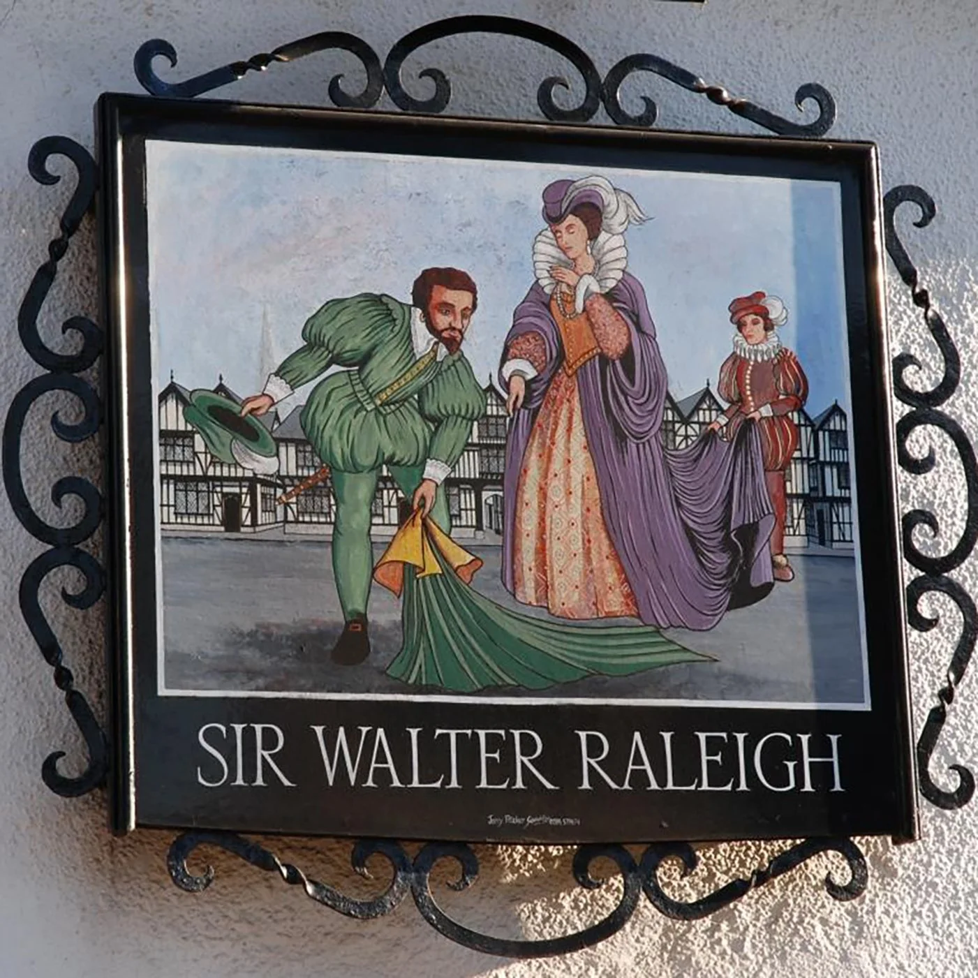 Photo of a poster hanging on a wall depicting a painting of Sir Walter Raleigh laying down his cloak over a puddle for the queen