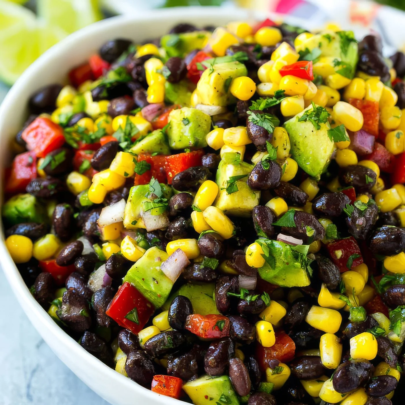 Close up photo of very fresh and colorful corn and black bean salad