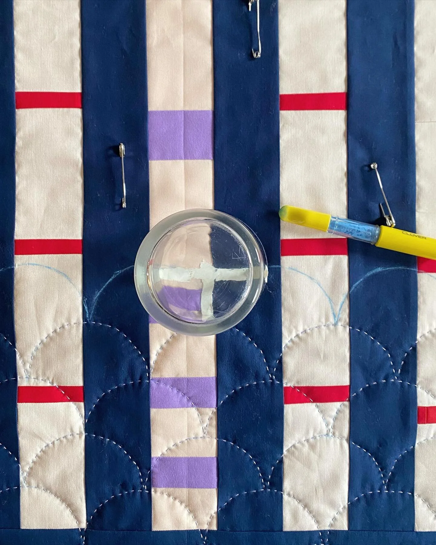 Back at it. I&rsquo;m marking clamshells with a glass and chalk pen. I&rsquo;m only doing a few rows at a time, then quilting them as a reward for marking them. Every step of making a quilt is tedious, which is good for me. Plenty of time to think, o