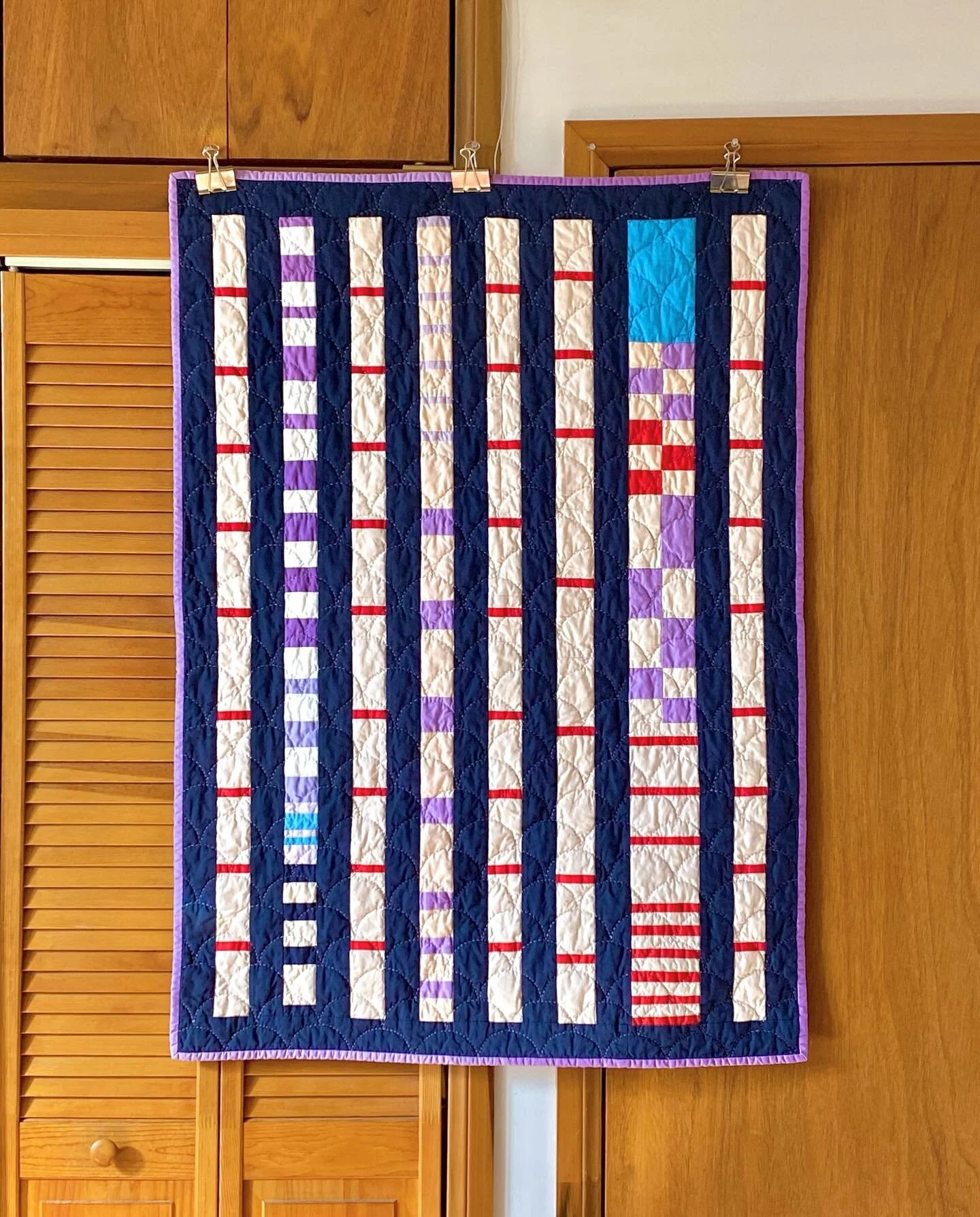 Amadea&rsquo;s quilt, for a very special child.

Hand quilted. About 35x47 inches. All cotton materials. Backed with a striped sheet. 

Another improv piece. I was trying to create a completely different composition with these scraps, and it wasn&rsq