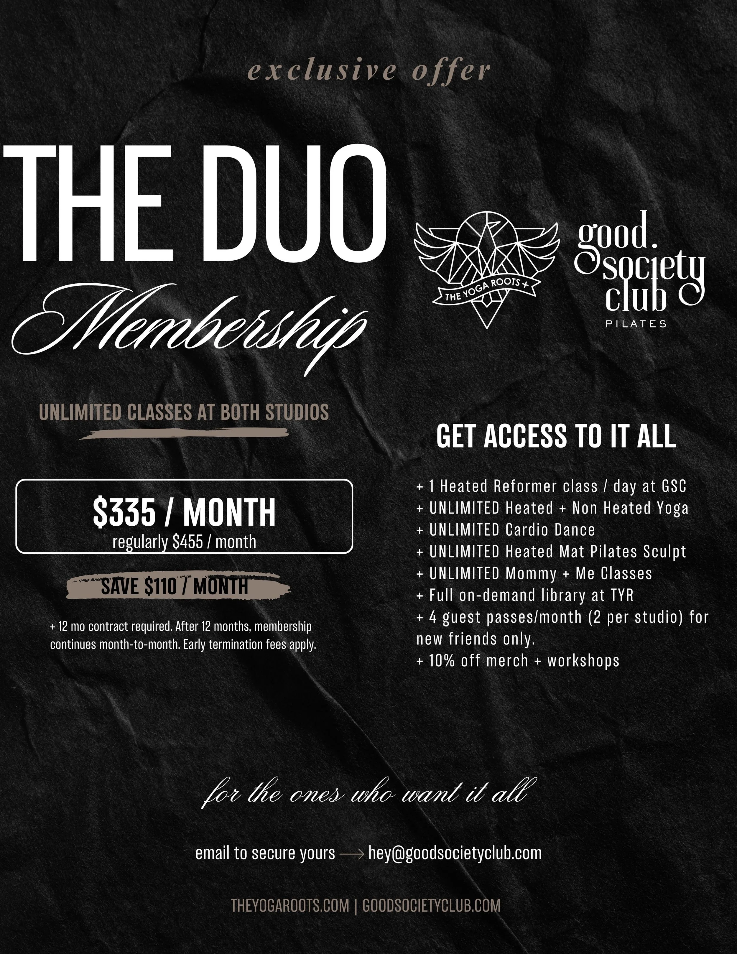 We&rsquo;ve heard ya friends!!! By popular request the DUO membership is back! 😮&zwj;💨 
Have a current membership and want to switch?! Let&rsquo;s do it!
This membership incudes it all! Heated yoga, heated mat and heated reformer pilates, mommy + m