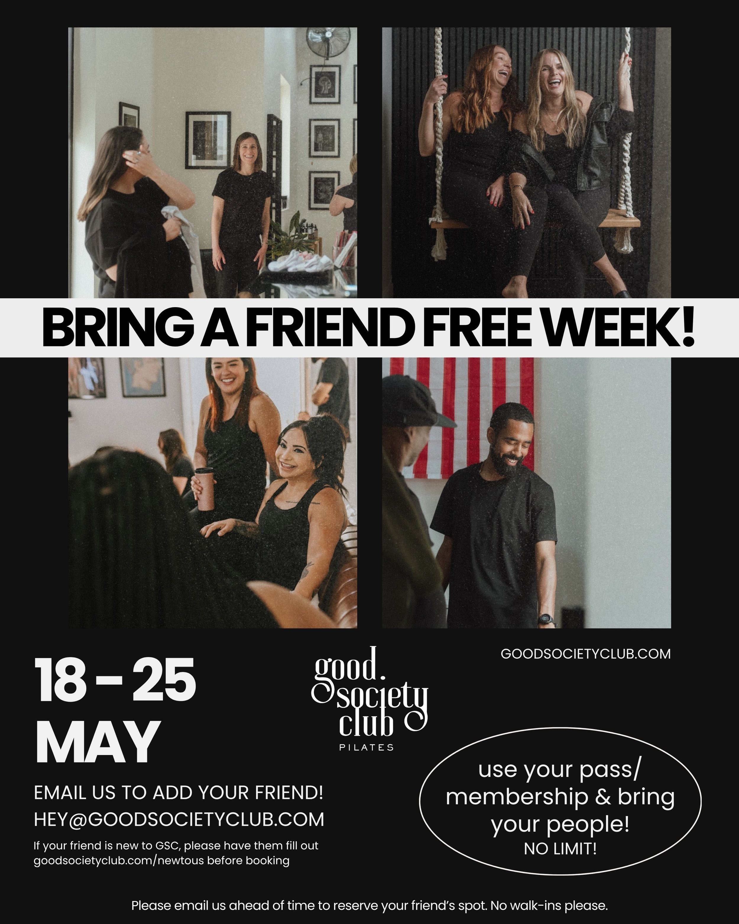 BRING A FRIEND FREE WEEK ✨

a little client appreciation week because we love this community so much 🤍

from may 18&ndash;25 use your membership, class pack, or drop-in + bring your people with you for free. no limit!

please email us ahead of time 
