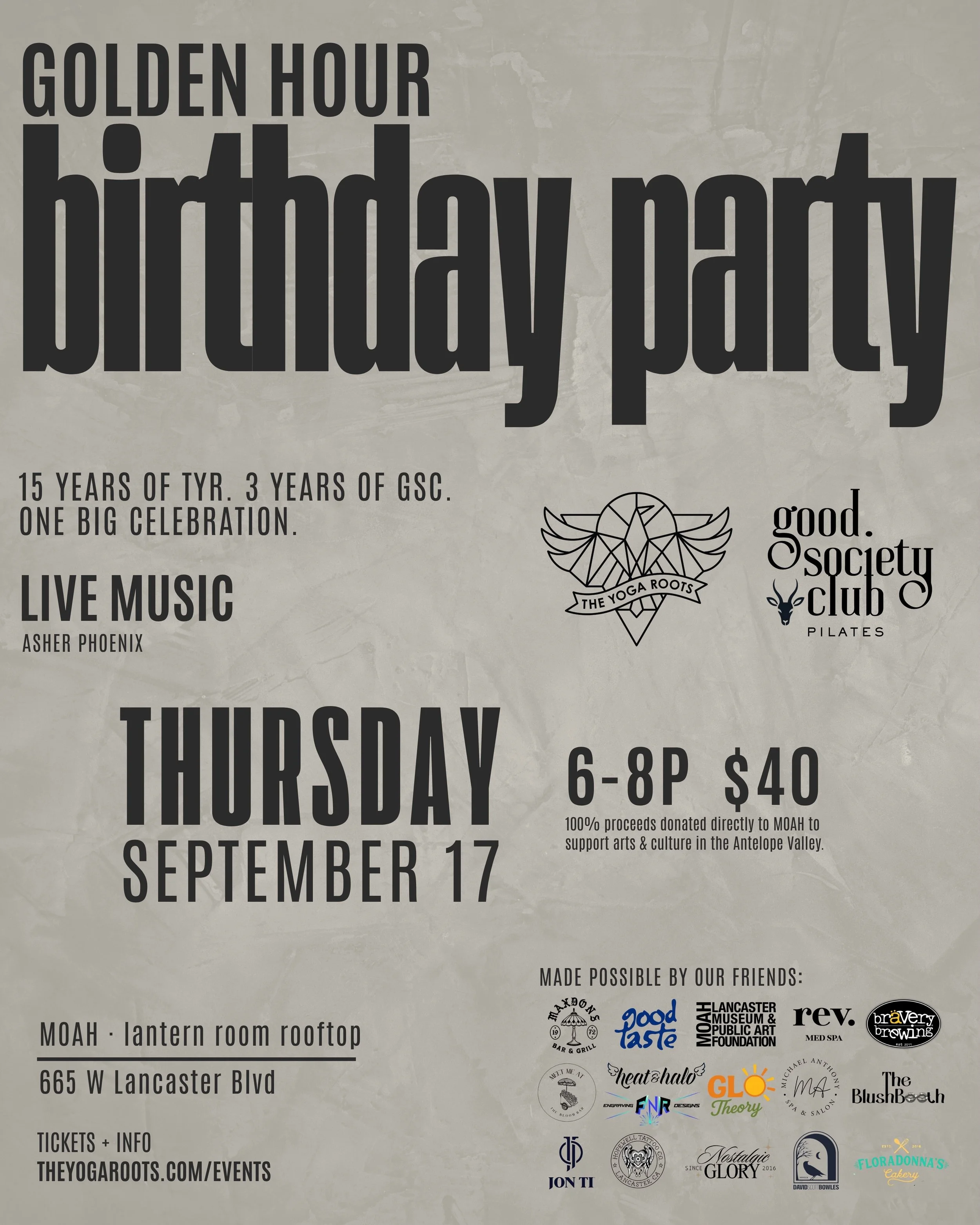 WE&rsquo;RE HAVING A BIRTHDAY PARTY. 🖤

15 years of The Yoga Roots. 3 years of Good Society Club. And somehow, that feels like a pretty good reason to throw one big party!

We&rsquo;re taking over the MOAH Lantern Room rooftop for the night- with li