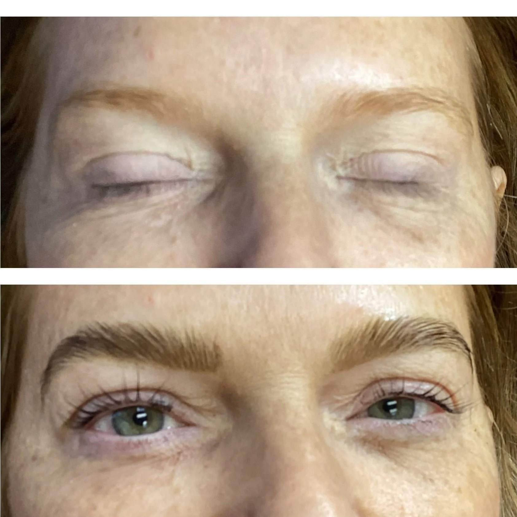 Before and after results of female client with fuller brows and long lashes