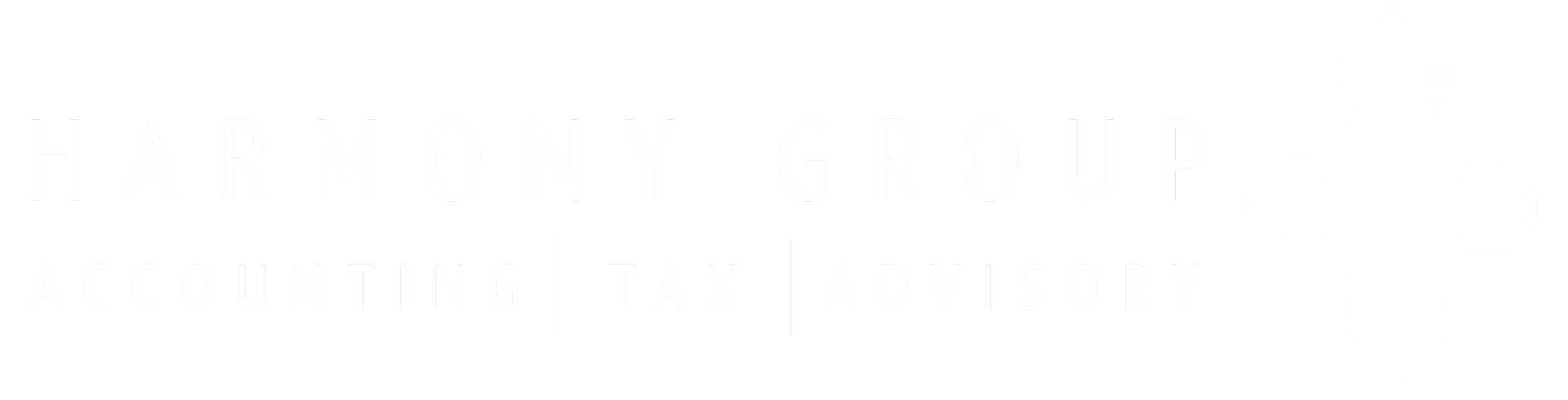 Logo for Harmony Group, an accounting, tax, and advisory firm, with a black background, white text, and a decorative white knot design.