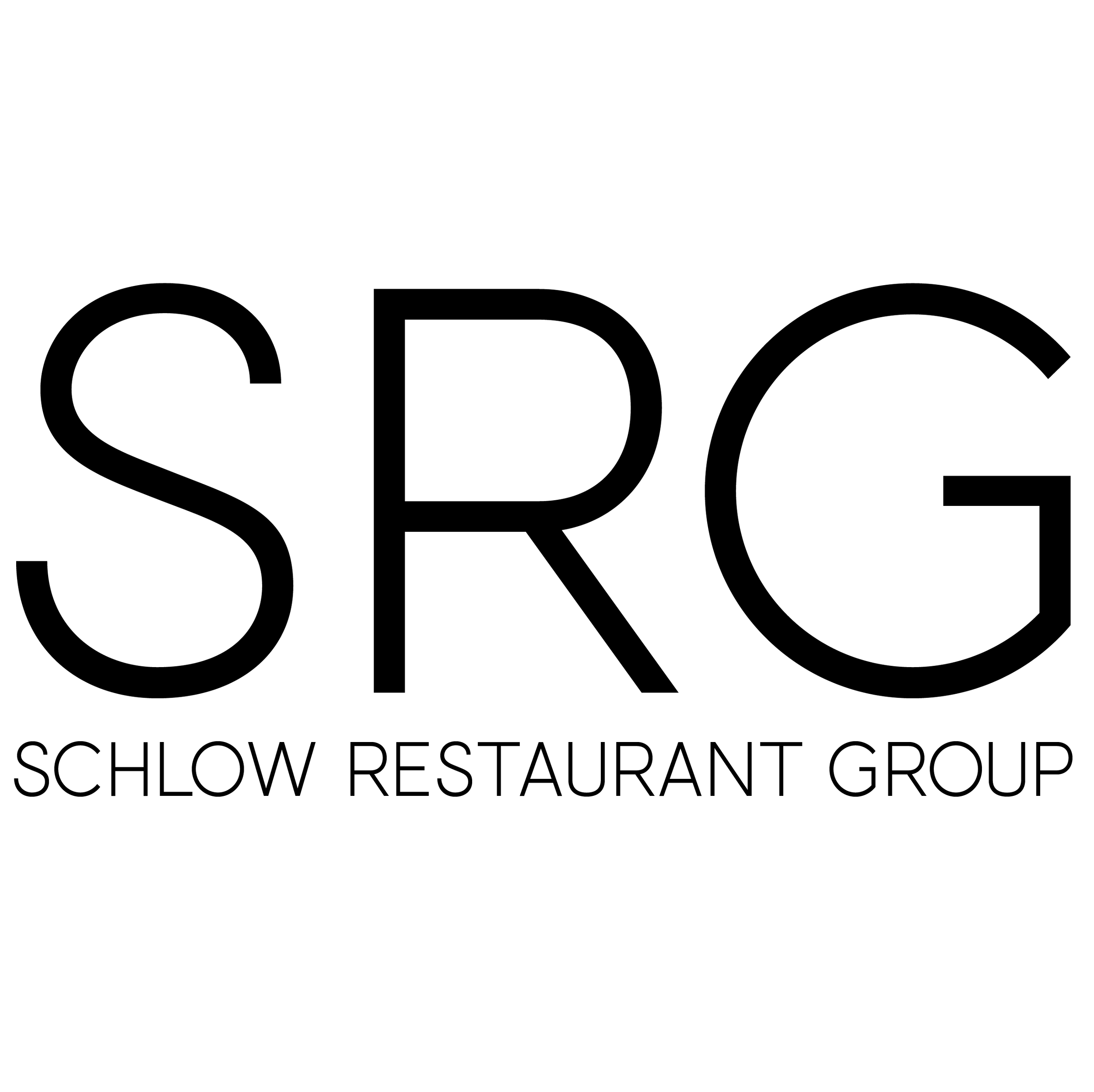 Logo with large black letters S R G and smaller text below reading SCHLOW RESTAURANT GROUP