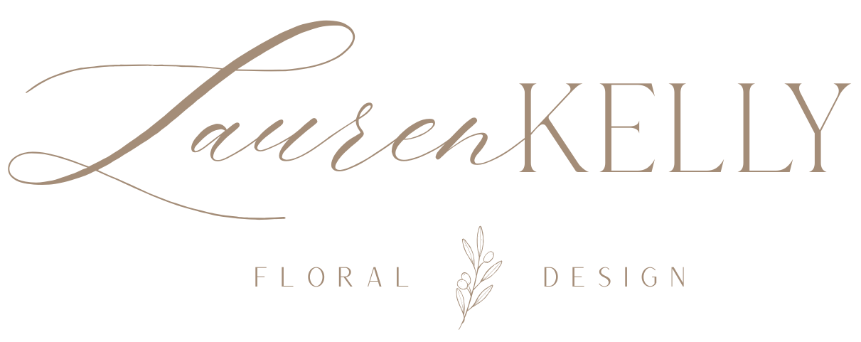 Logo with the text 'Lauren Kelly Floral Design' and a small decorative branch illustration.