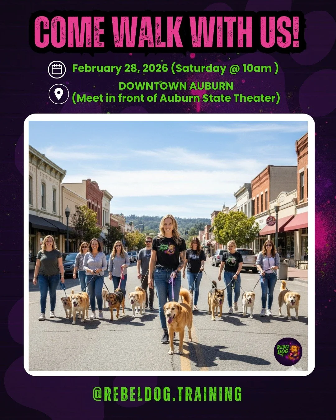 🐾 GROUP WALK ALERT! 🐾

We&rsquo;re heading out for a structured Group Walk &mdash; real dogs, real world, real progress.

📅 Saturday, February 28th
⏰ 10:00 AM
📍 Downtown Auburn
👉 Meet in front of the Auburn State Theater
🚗 Parking available at 