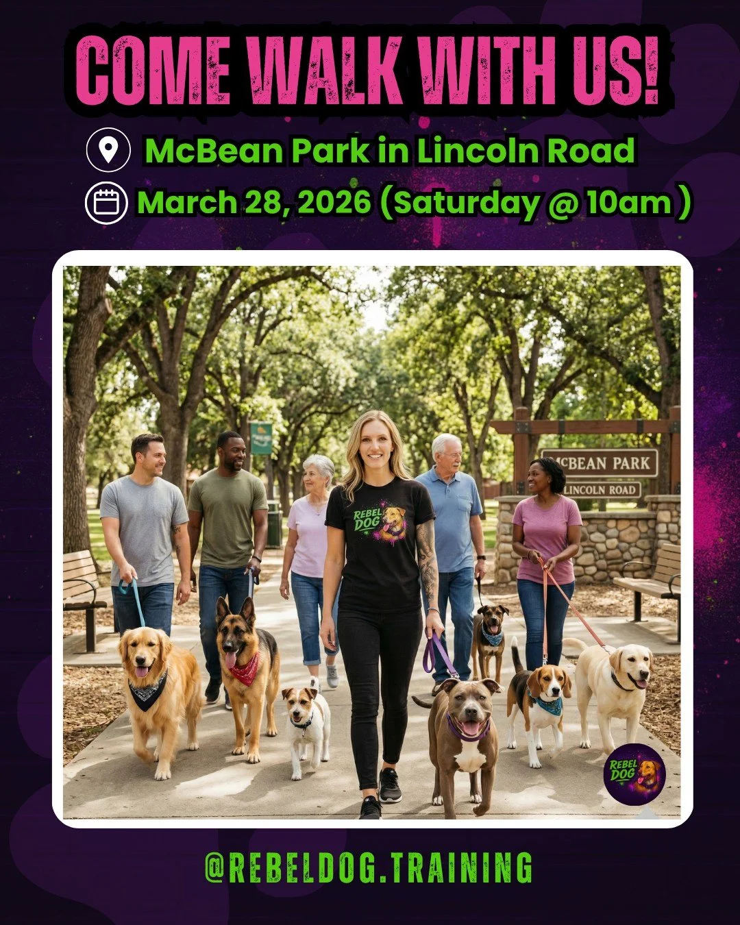 🚨 GROUP WALK ALERT 🚨

Join us this Saturday, March 28, 2026 at 10AM for a structured group walk at McBean Park (Lincoln Road) 🐕✨

This isn&rsquo;t just a walk &mdash; it&rsquo;s a training experience.

Perfect for dogs who need help with:
✔️ React