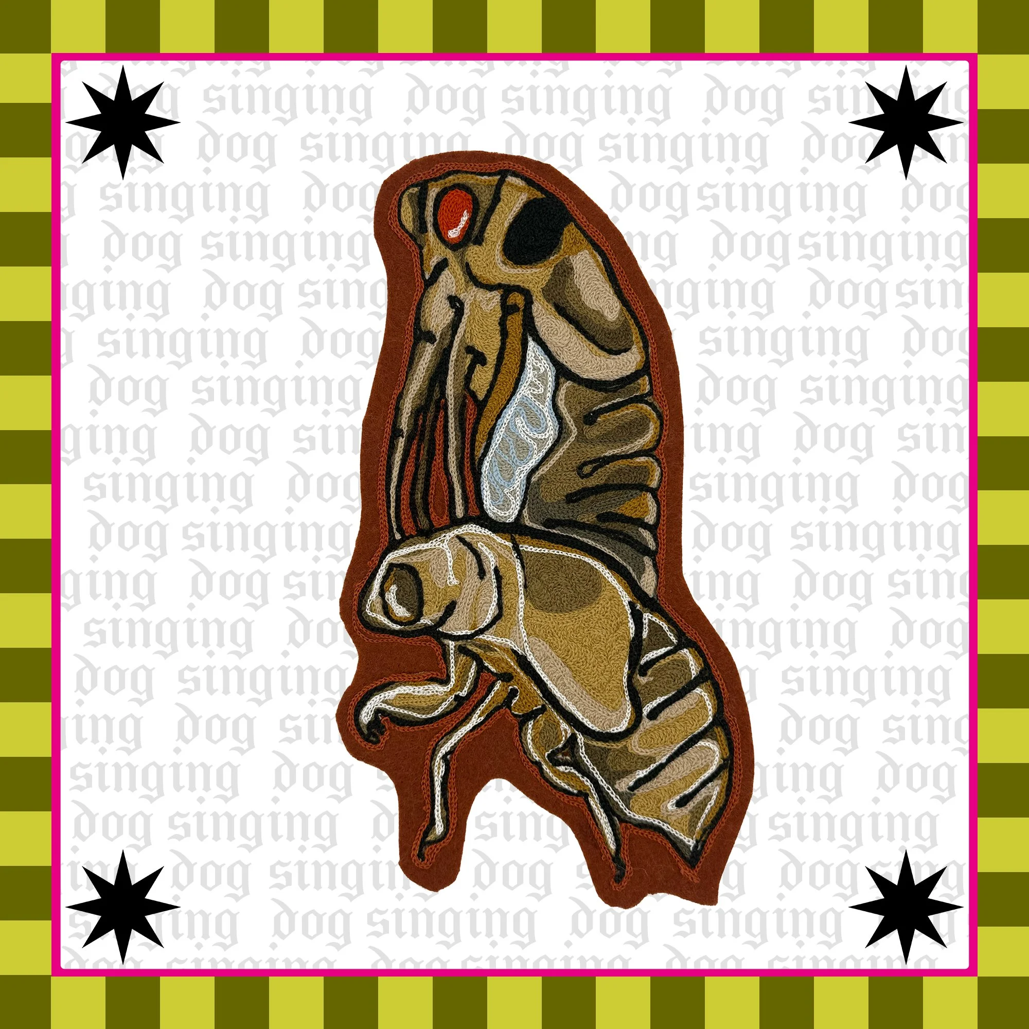 A colorful embroidered design of a cicada emerging from its shell set against a white background with repeated gray text 'singing dog' and black star shapes. The design is bordered with a pink and green checkered pattern. 