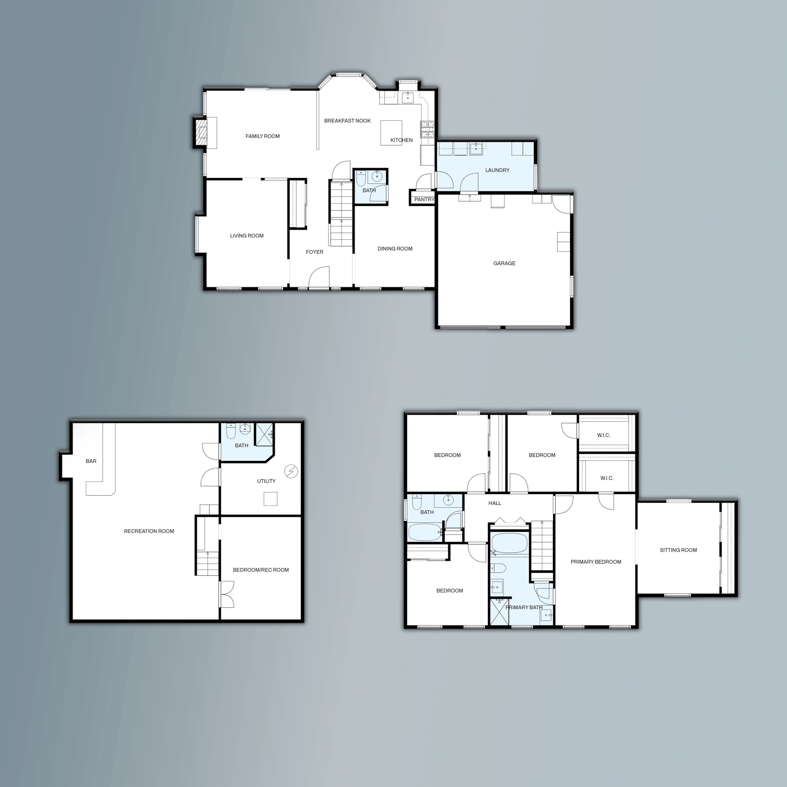 Three-floor house blueprint showing the first floor's living areas, second floor's bedrooms, and basement with recreation room and utility space.