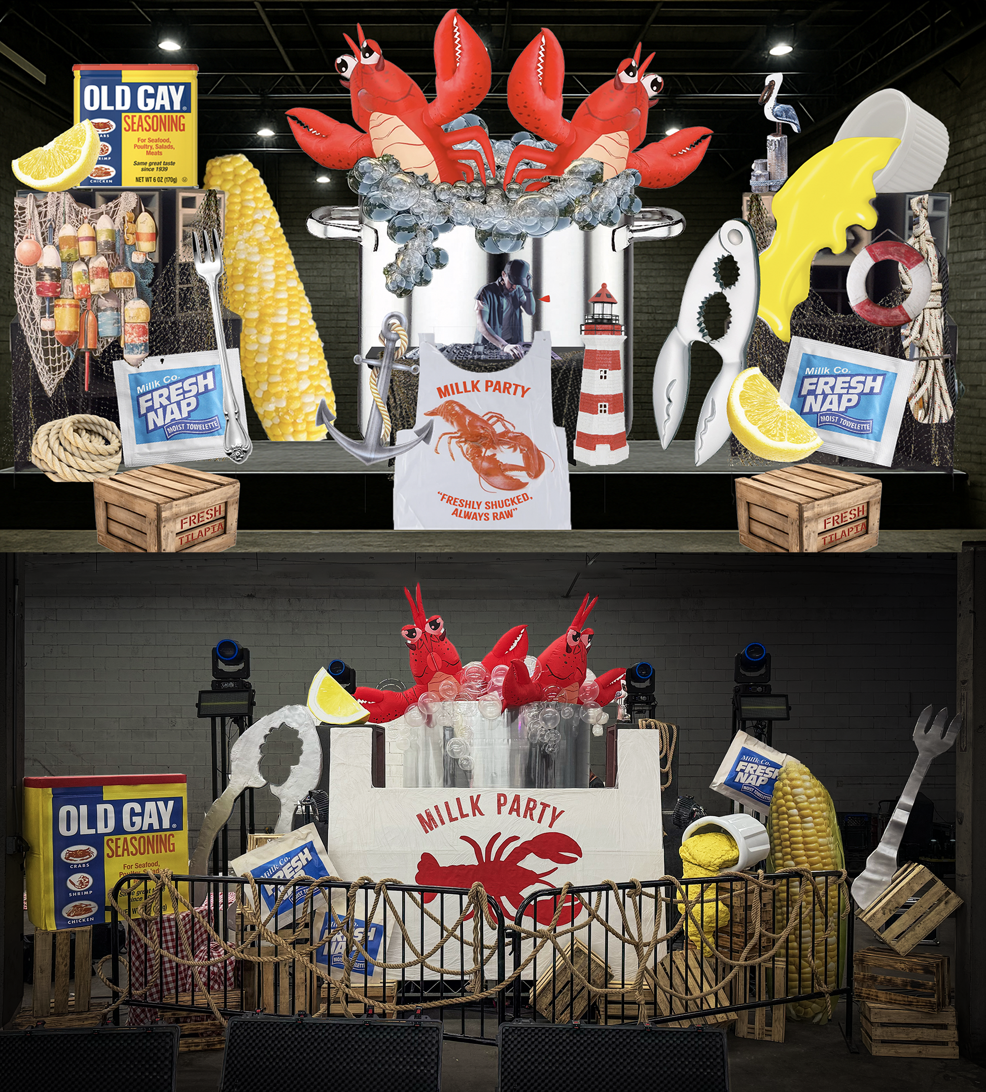 MILLK PARTY SEAFOOD RAVE | Set Design, Concept Rendering [above], Decor Fabrication & Installation [below]