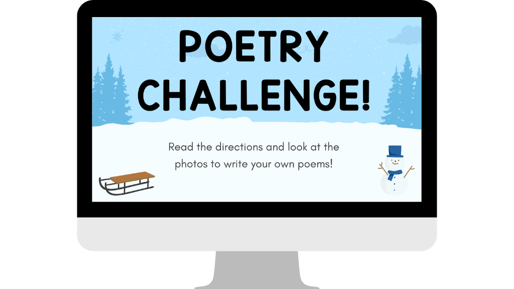 A computer showing an elementary poetry challenge digital lesson.