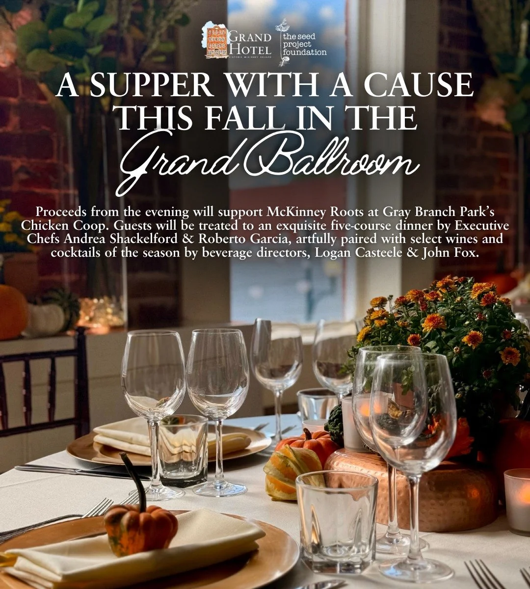 Join us for an exclusive wine dinner, Thursday evening, November 6th for our Fall Supper With a Cause for the first time ever at The Grand Hotel Ballroom. Executive Chef, Andrea Shackelford of Harvest at The Masonic and Executive Chef Roberto Garcia 