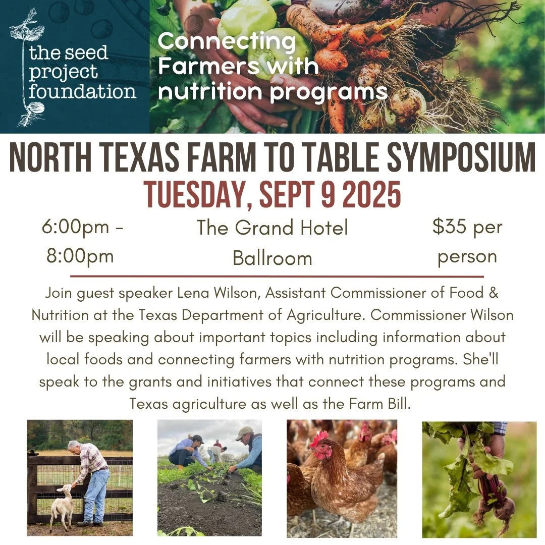 Join us for our next North Texas Farm To Table Symposium Tuesday, Sept 9 in The Grand Hotel Ballroom from 6:00pm to 8:00pm. The evening will begin with networking and cocktails, followed by a locally sourced dinner buffet by Chef Andrea Shackelford o