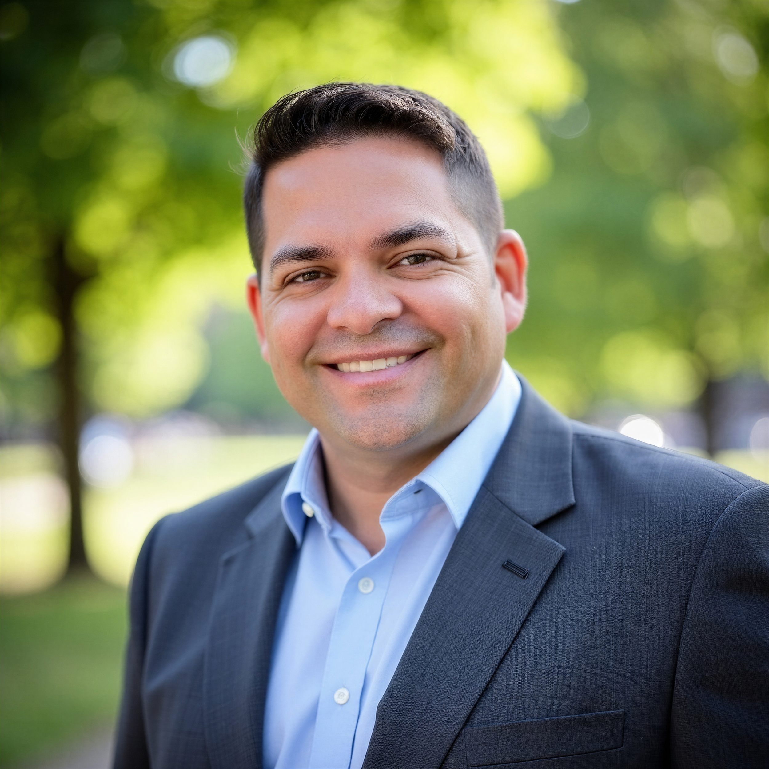 Portrait of a smiling man wearing a blue suit and light blue shirt outdoors with green trees in the background.