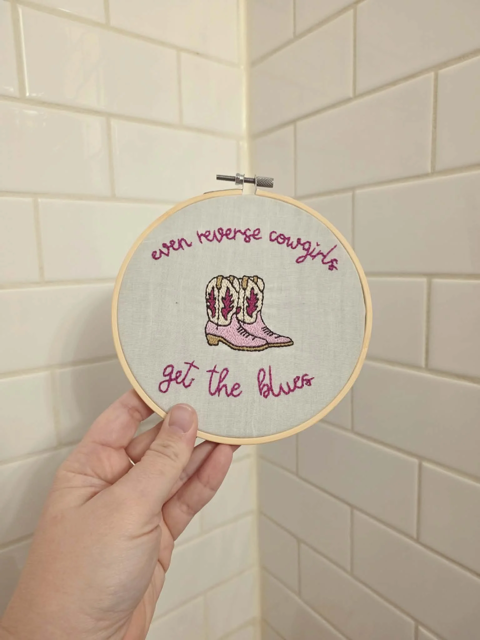 even reverse cowgirls get the blues - hand embroidered hoop art