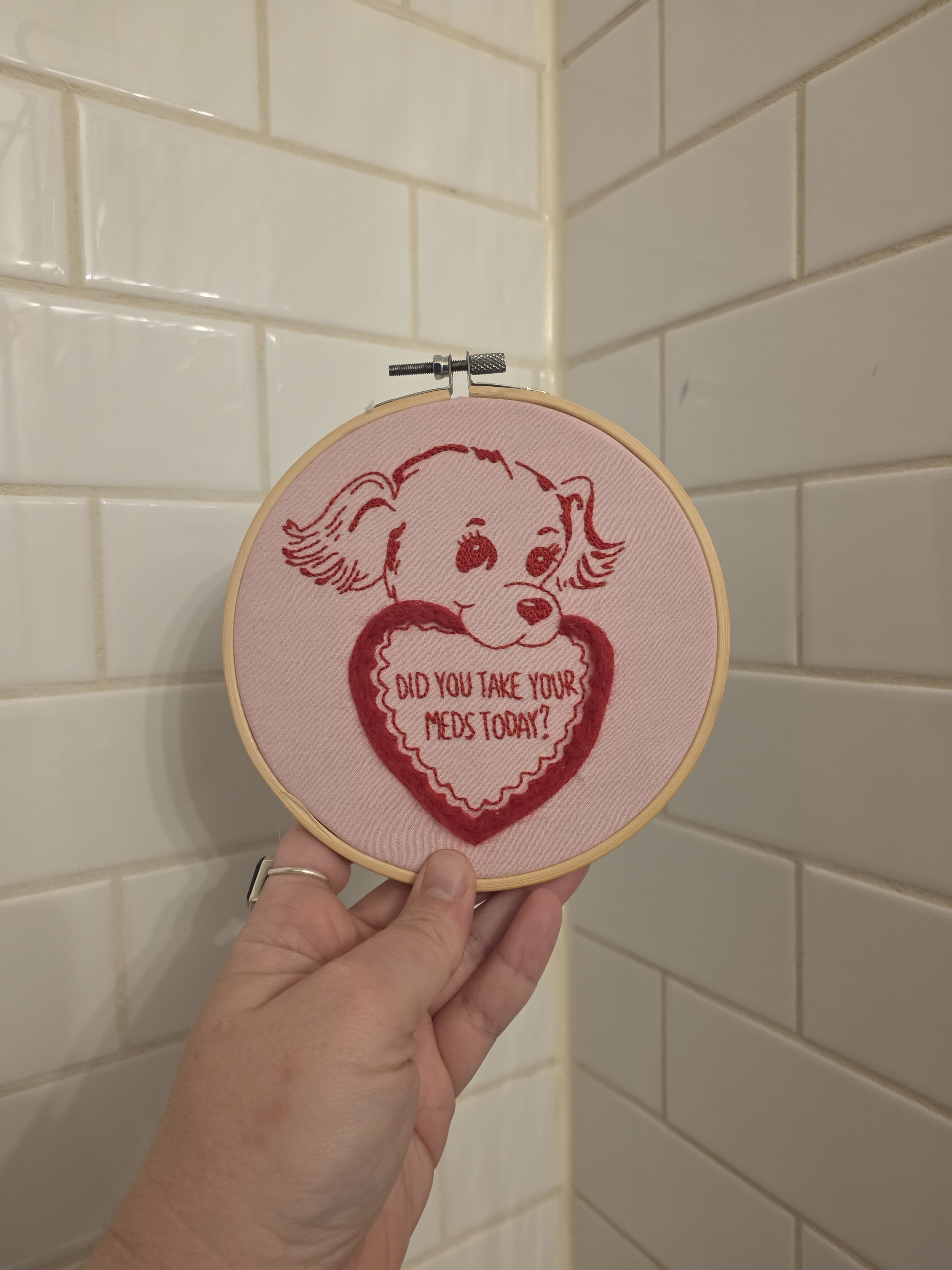 did you take your meds today - hand embroidered and needle felted hoop art