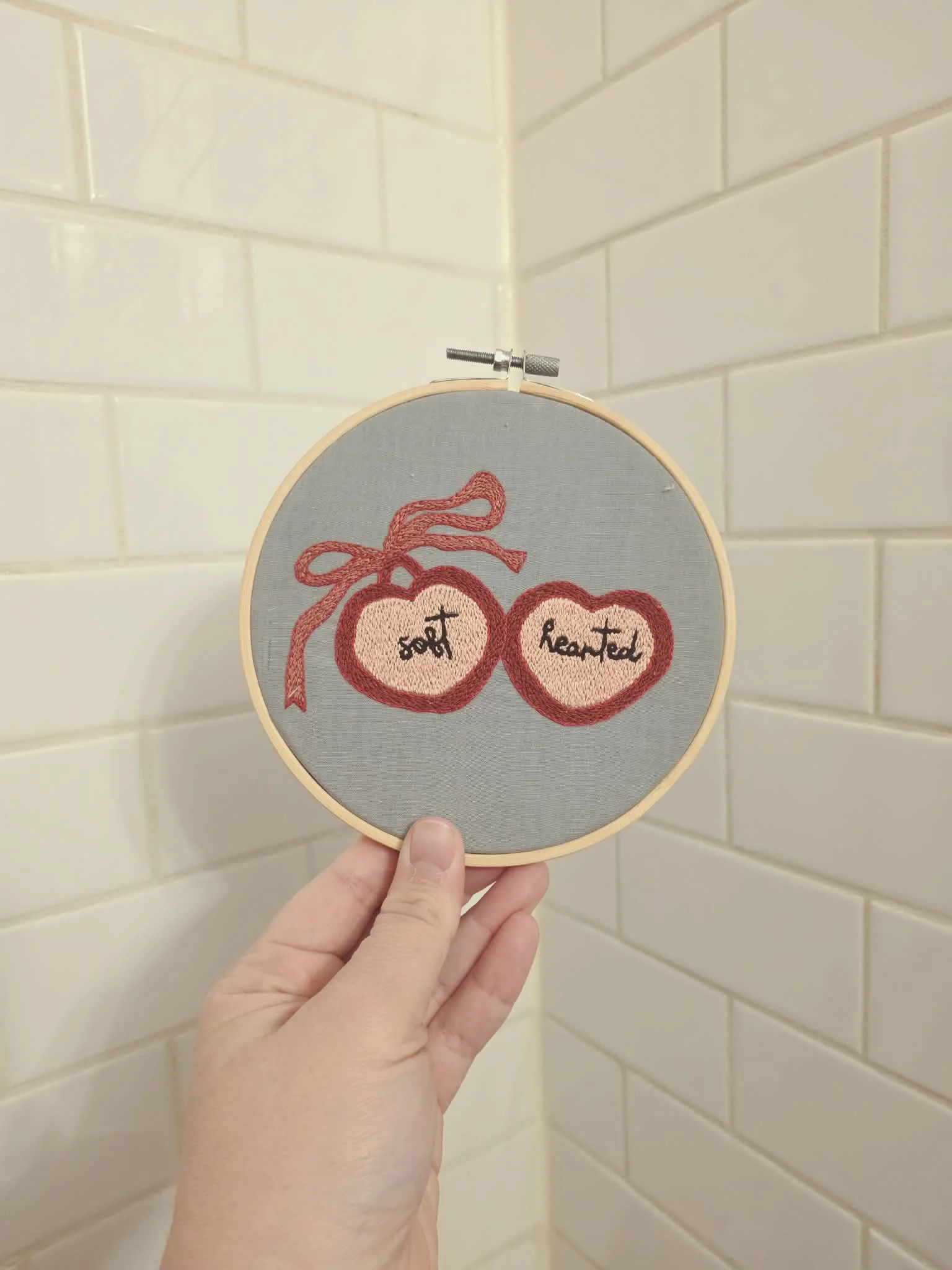 "soft hearted" hand embroidered hoop art