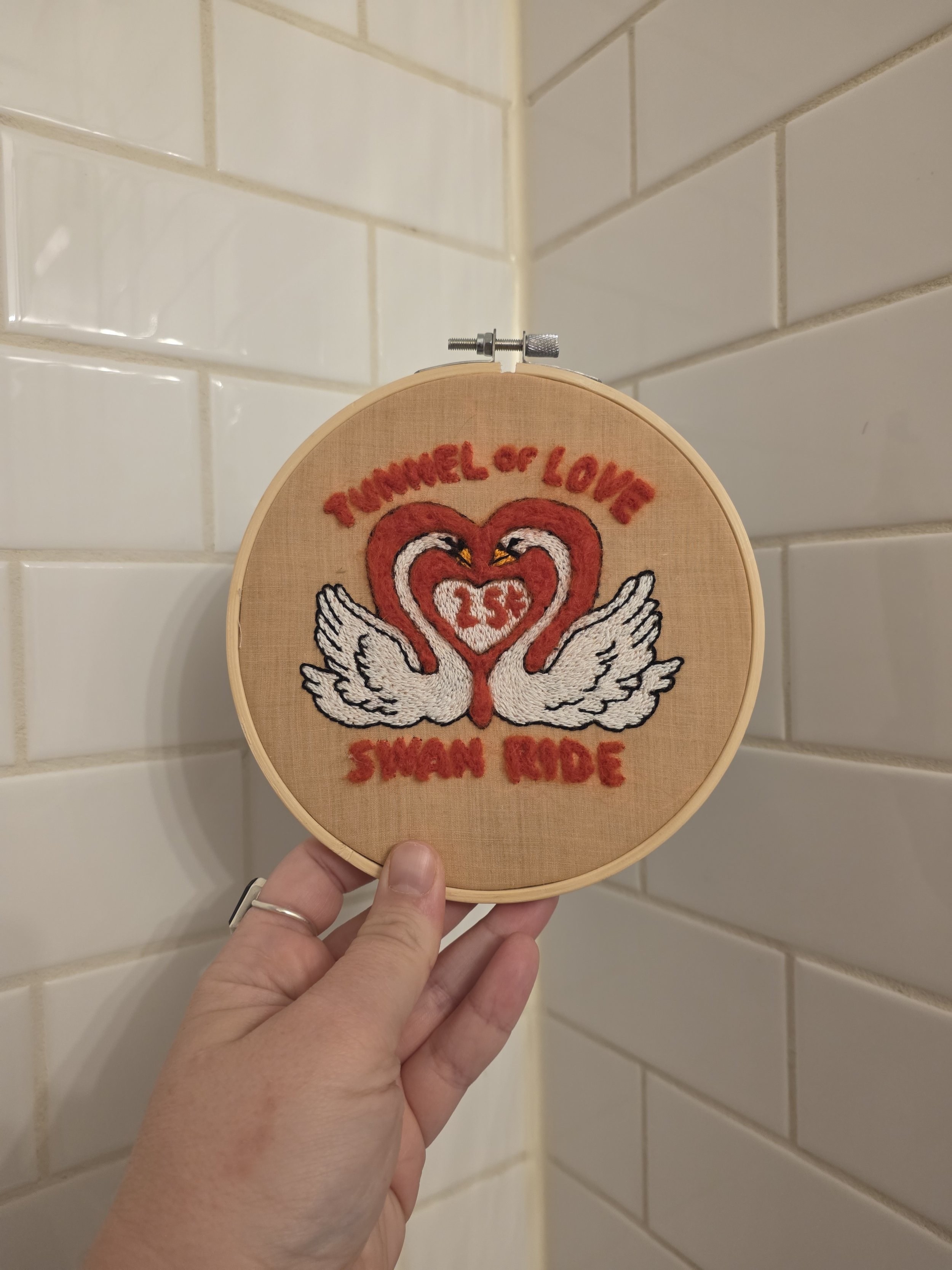 tunnel of love - hand embroidered and needle felted hoop art