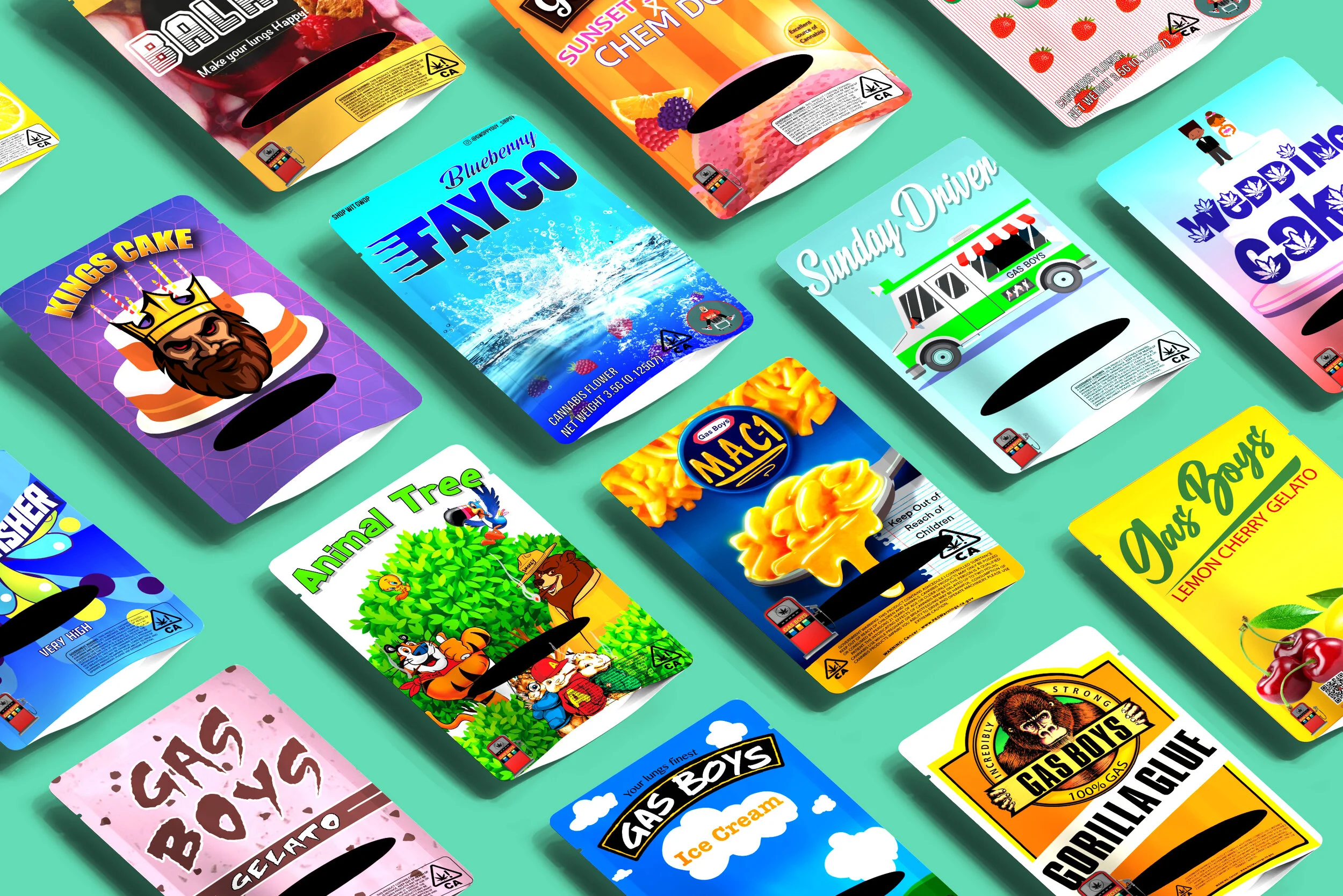 Featured are an assortment of Custom Mylar bags tailored to client's design requests.