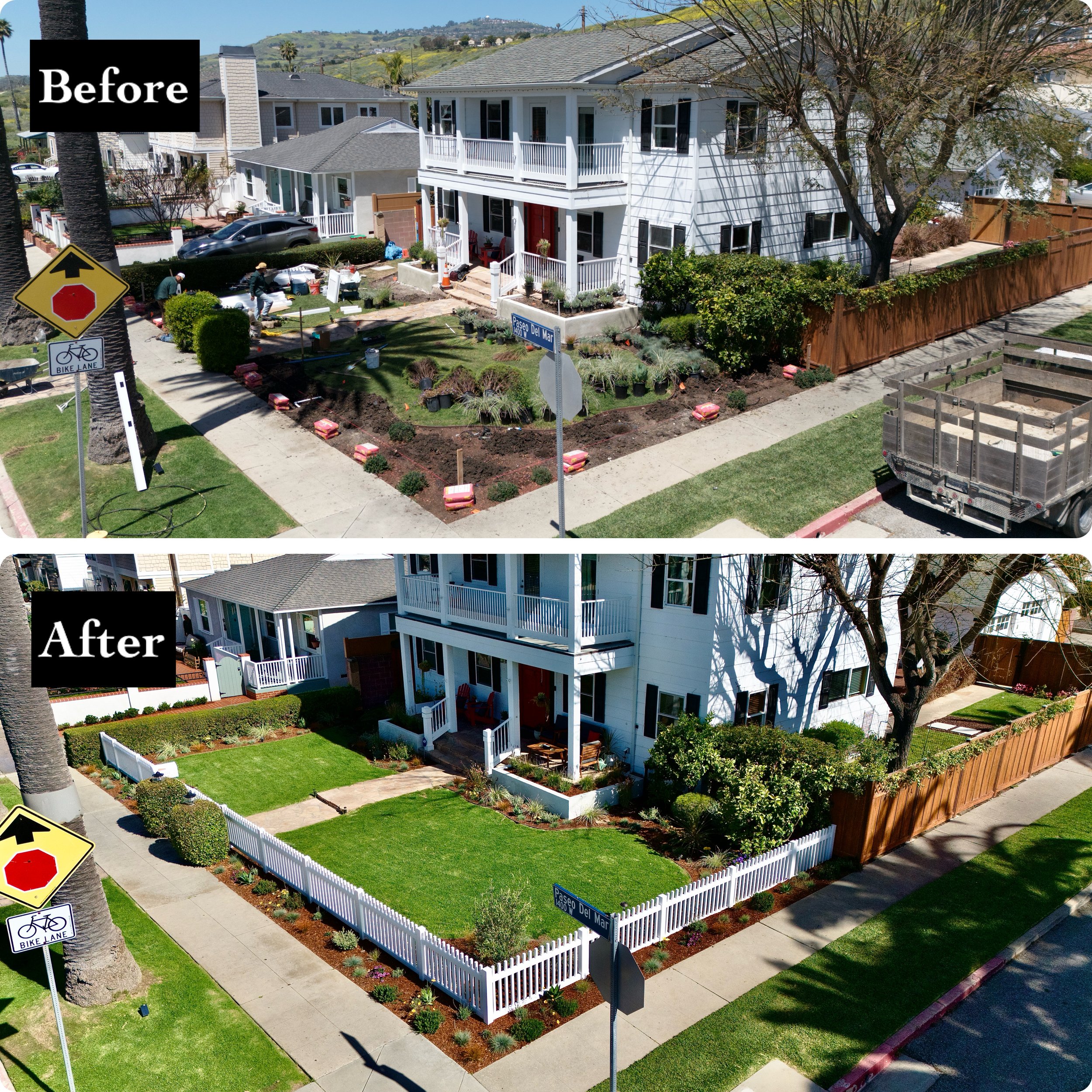 White Vinyl Fence, Native Planting, Front Yard Landscaping